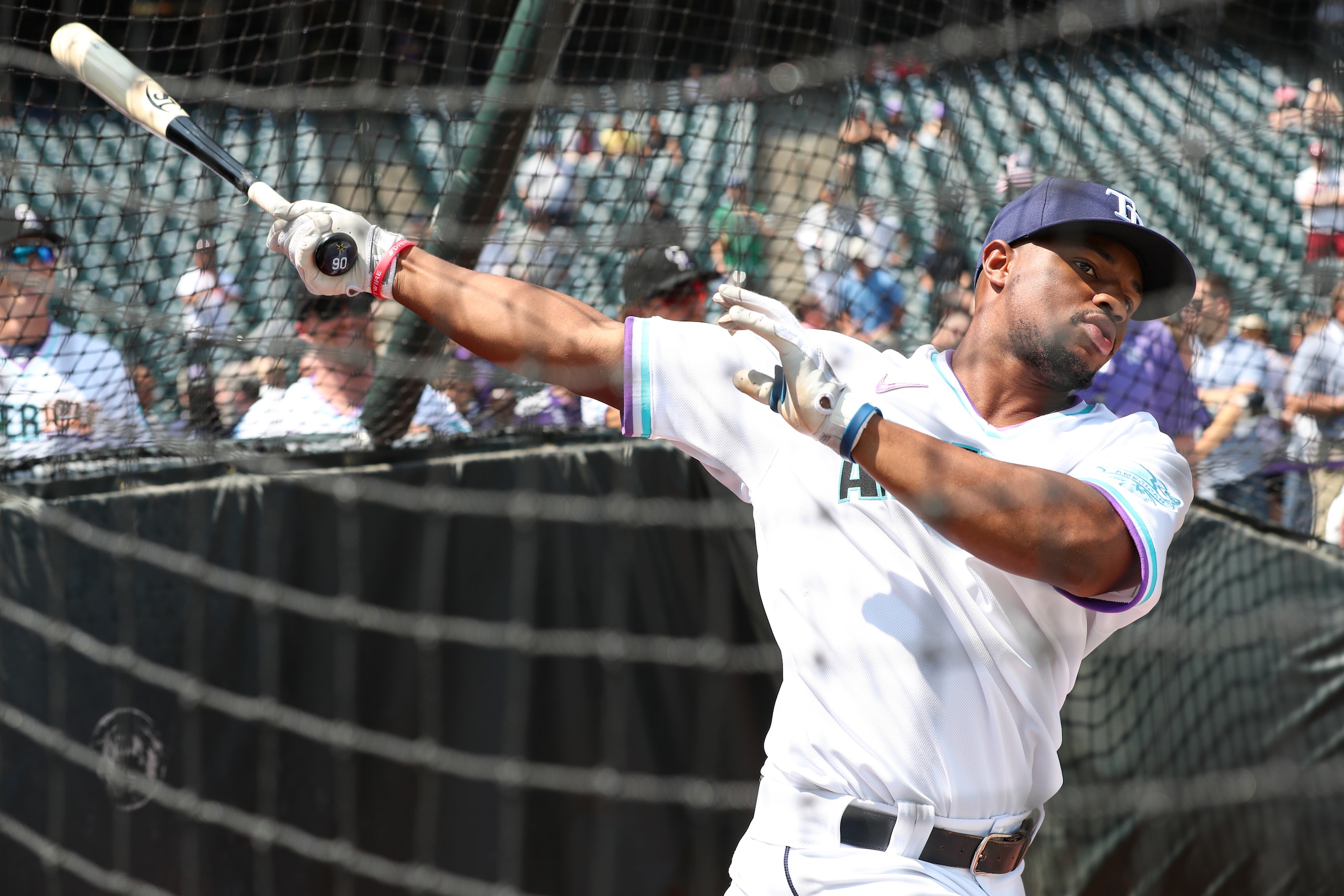 DENVER, CO - JULY 11:  Xavier Edwards #9 of the American League Team bats during batting practice before the 2021 Sirius XM Futures Game at Coors Field on Sunday, July 11, 2021 in Denver, Colorado. (Photo by Mary DeCicco/MLB Photos via Getty Images)