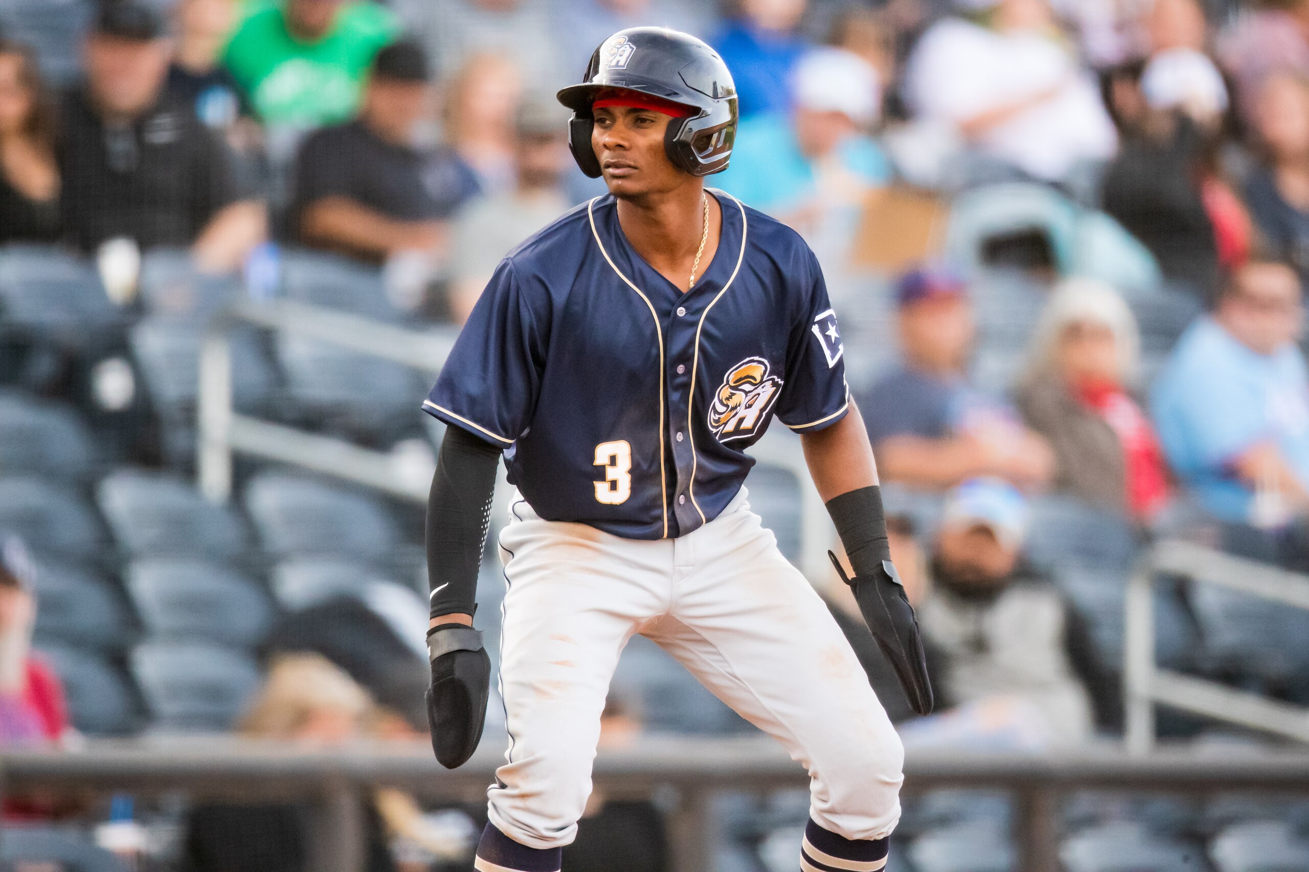 AMARILLO, TEXAS - APRIL 23: Infielder Esteury Ruiz #3 of the San Antonio Missions takes a lead off of third base during the game against the Amarillo Sod Poodles at HODGETOWN Stadium on April 23, 2022 in Amarillo, Texas. (Photo by John E. Moore III/Getty Images)