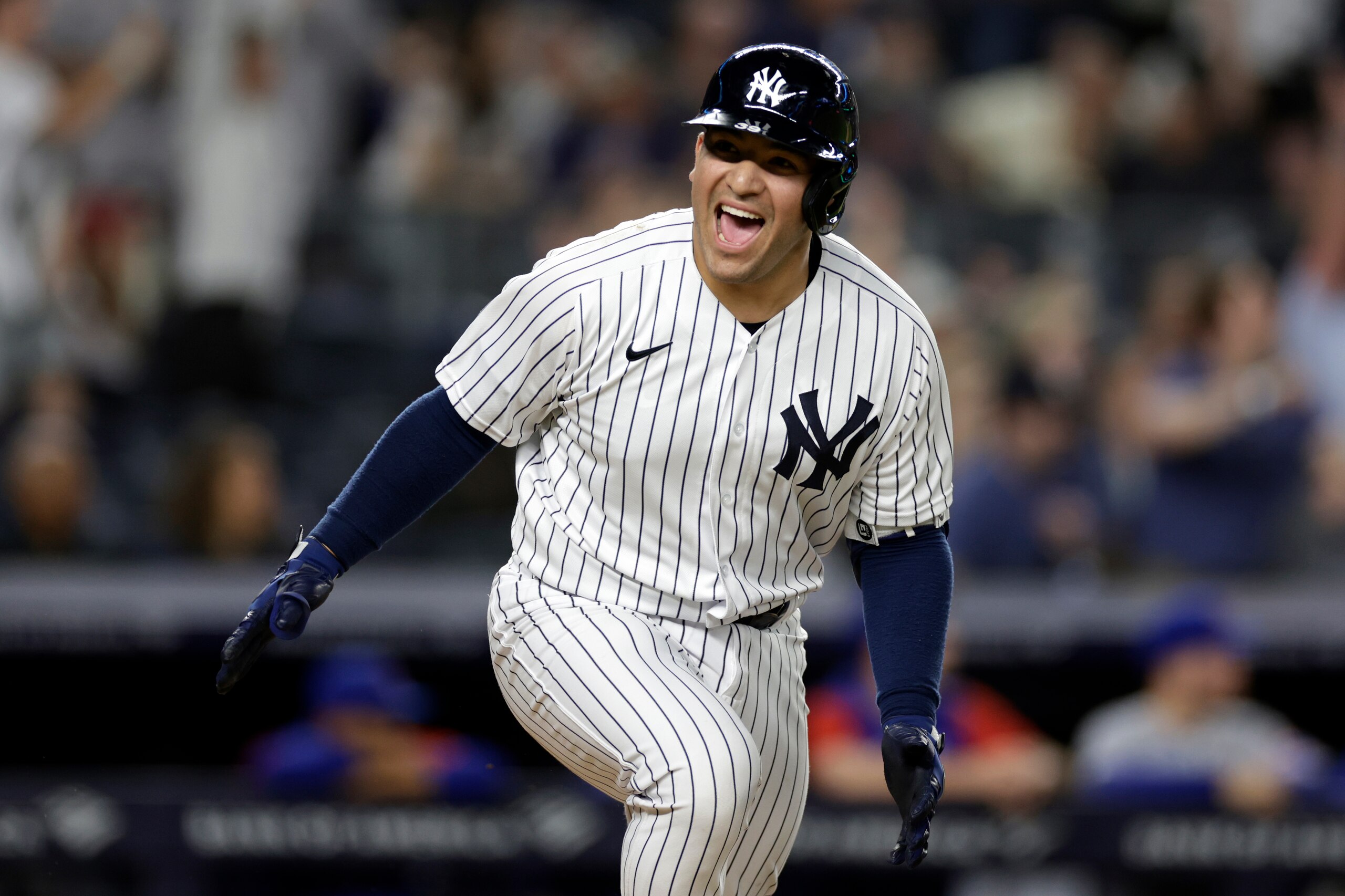 NEW YORK, NY - JUNE 10: Jose Trevino #39 of the New York Yankees reacts after hitting a walk-off single against the Chicago Cubs during the 13th inning at Yankee Stadium on June 10, 2022 in New York City. The Yankee won 2-1. (Photo by Adam Hunger/Getty Images)
