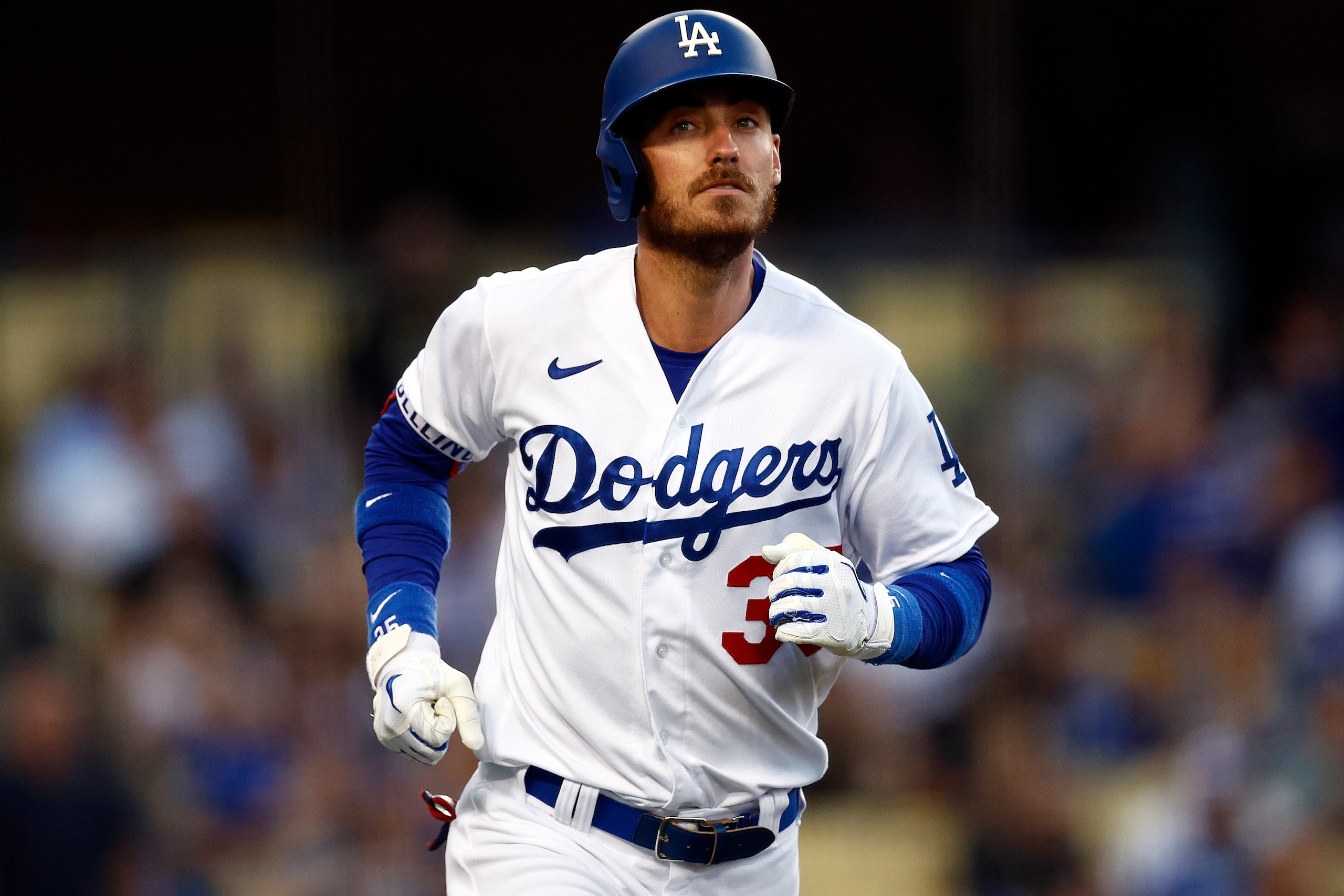 LOS ANGELES, CALIFORNIA - JUNE 17:  Cody Bellinger #35 of the Los Angeles Dodgers runs after hitting a home run against the Cleveland Guardians in the second inning at Dodger Stadium on June 17, 2022 in Los Angeles, California. (Photo by Ronald Martinez/Getty Images)