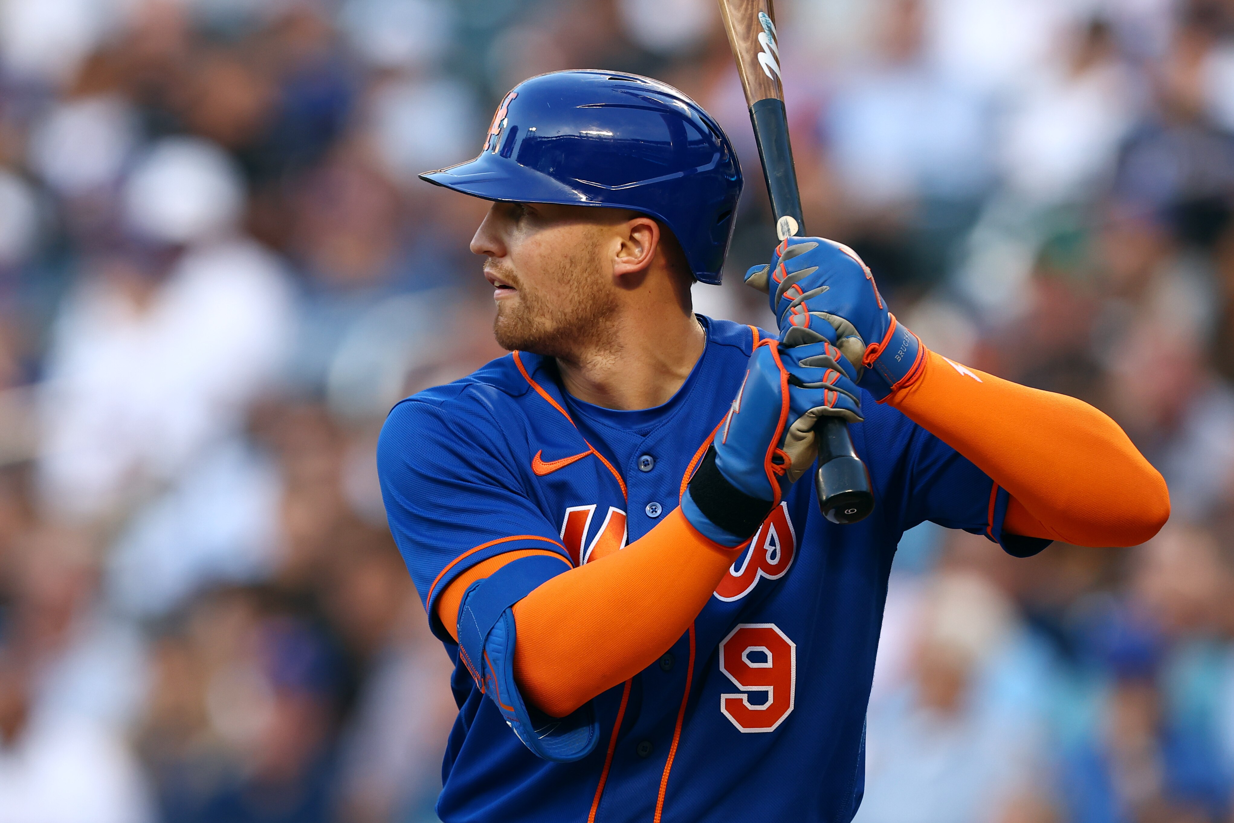 NEW YORK, NY - JUNE 14: Brandon Nimmo #9 of the New York Mets in action against the Milwaukee Brewers during a game at Citi Field on June 14, 2022 in New York City. The Mets defeated the Brewers 4-0. (Photo by Rich Schultz/Getty Images)