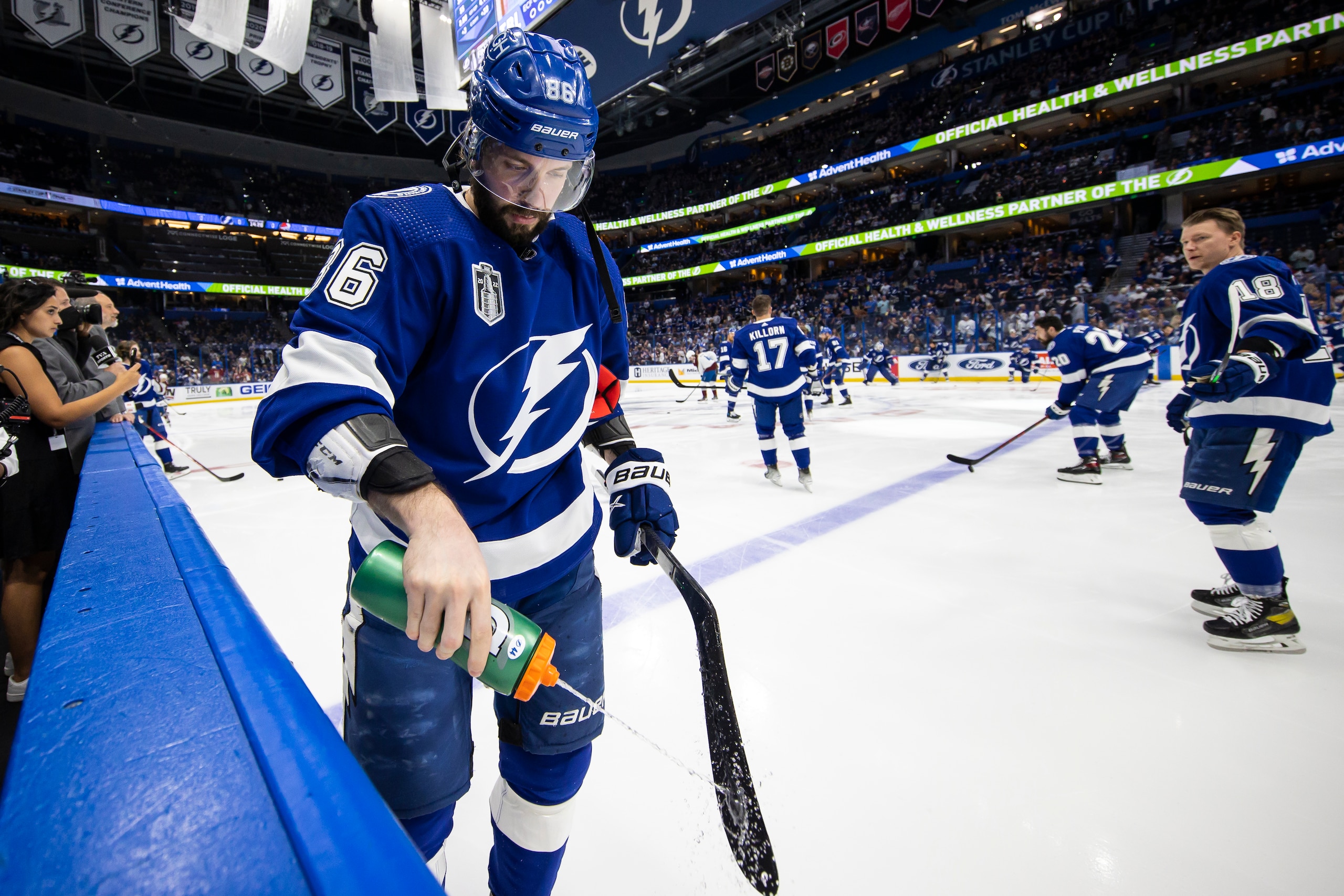 TAMPA, FL - JUNE 20: Nikita Kucherov #86 of the Tampa Bay Lightning gets ready for the game against the Colorado Avalanche before Game Three of the 2022 Stanley Cup Final at Amalie Arena on June 20, 2022 in Tampa, Florida. (Photo by Mark LoMoglio/NHLI via Getty Images)