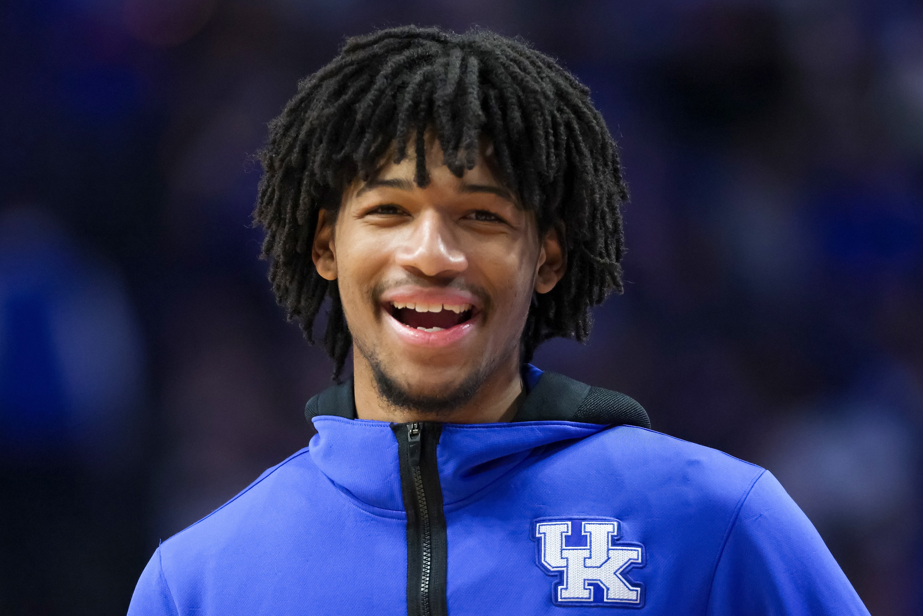 LEXINGTON, KENTUCKY - FEBRUARY 12: Shaedon Sharpe #21 of the Kentucky Wildcats looks on during halftime against the Florida Gators at Rupp Arena on February 12, 2022 in Lexington, Kentucky. (Photo by Dylan Buell/Getty Images)