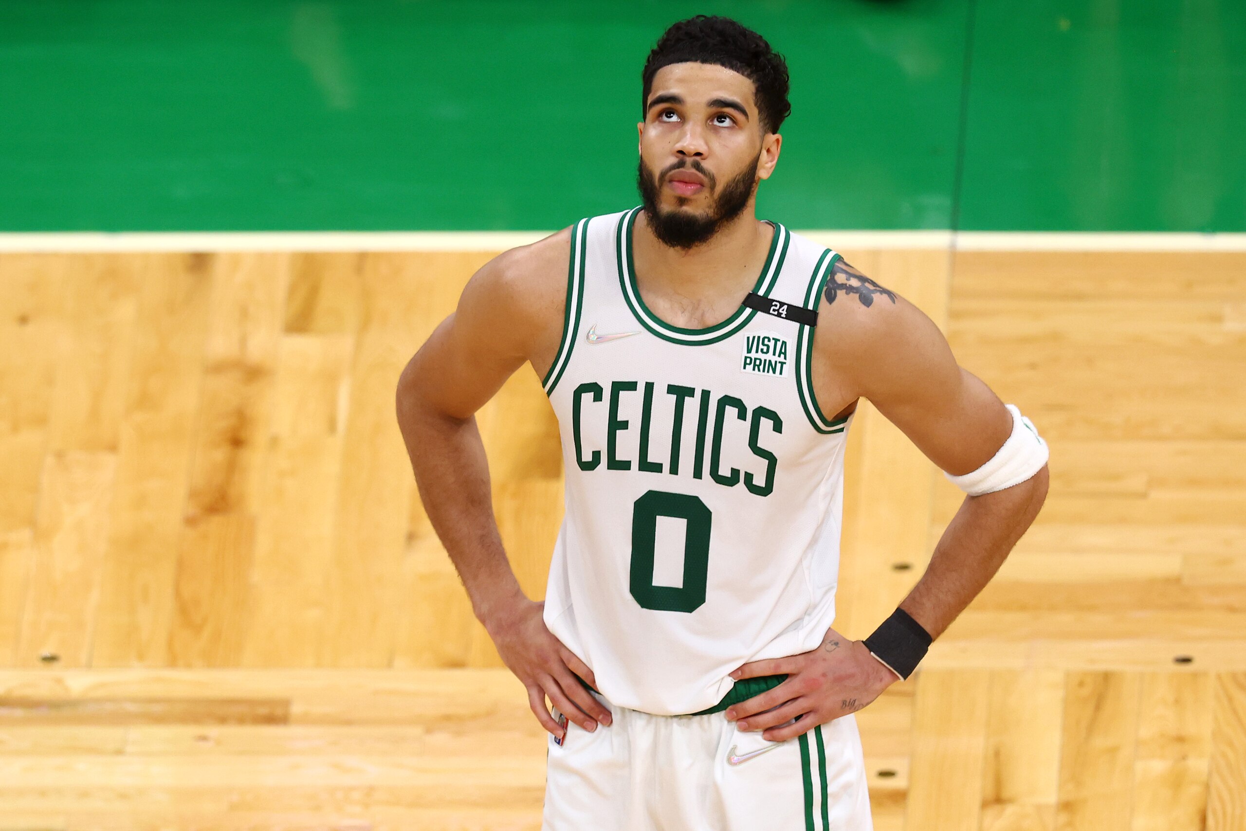 BOSTON, MASSACHUSETTS - JUNE 16: Jayson Tatum #0 of the Boston Celtics reacts against the Golden State Warriors during the fourth quarter in Game Six of the 2022 NBA Finals at TD Garden on June 16, 2022 in Boston, Massachusetts. NOTE TO USER: User expressly acknowledges and agrees that, by downloading and/or using this photograph, User is consenting to the terms and conditions of the Getty Images License Agreement. (Photo by Adam Glanzman/Getty Images) BOSTON, MASSACHUSETTS - JUNE 16: Jayson Tatum #0 of the Boston Celtics reacts against the Golden State Warriors during the fourth quarter in Game Six of the 2022 NBA Finals at TD Garden on June 16, 2022 in Boston, Massachusetts. NOTE TO USER: User expressly acknowledges and agrees that, by downloading and/or using this photograph, User is consenting to the terms and conditions of the Getty Images License Agreement. (Photo by Adam Glanzman/Getty Images)