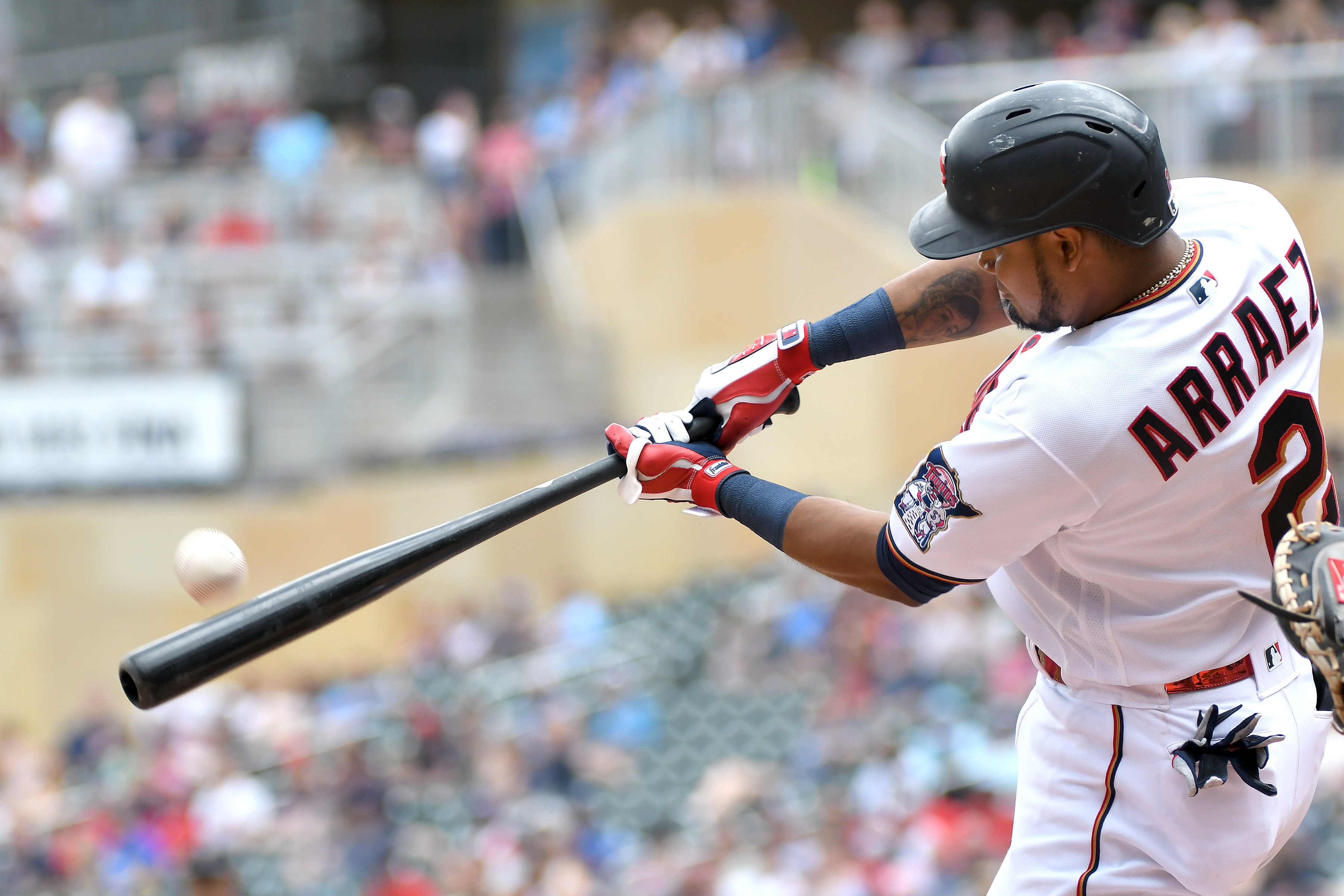 MINNEAPOLIS, MN - JUNE 11, 2022: Luis Arráez #2 of the Minnesota Twins hits a grand slam home run during the third inning against the Tampa Bay Rays at Target Field on June 11, 2022 in Minneapolis, Minnesota. (Photo by David Durochik/Diamond Images via Getty Images)
