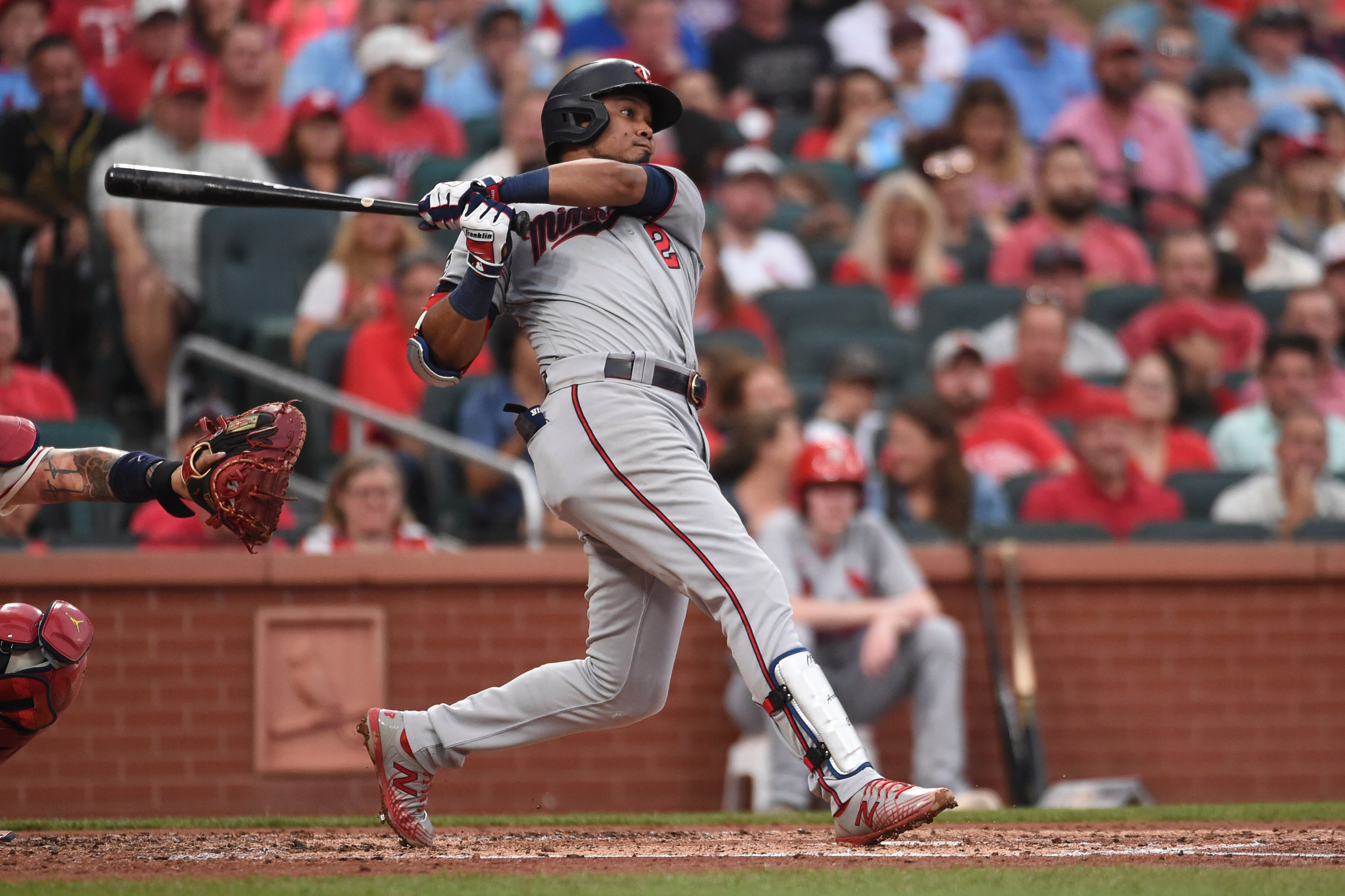 Minnesota Twins' Luis Arraez watches his RBI-double during the third inning of a baseball game against the St. Louis Cardinals on Saturday, July 31, 2021, in St. Louis. (AP Photo/Joe Puetz)