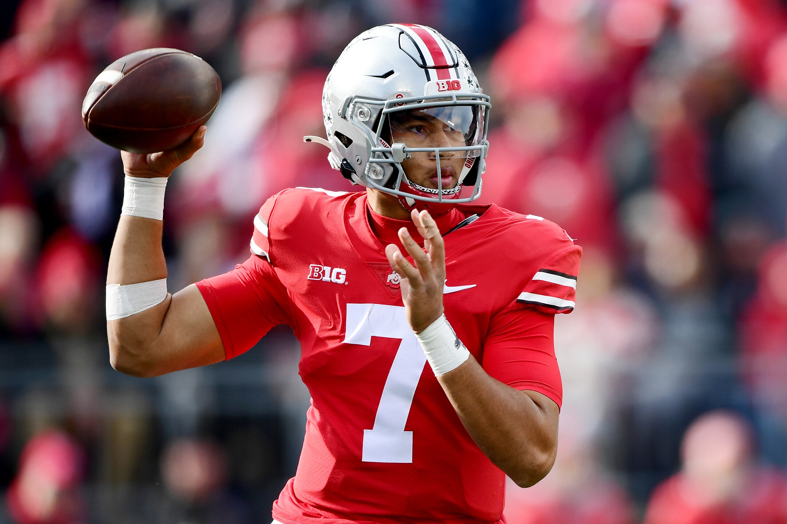 COLUMBUS, OHIO - NOVEMBER 20: C.J. Stroud #7 of the Ohio State Buckeyes throws a pass during the first half of a game against the Michigan State Spartans at Ohio Stadium on November 20, 2021 in Columbus, Ohio. (Photo by Emilee Chinn/Getty Images) COLUMBUS, OHIO - NOVEMBER 20: C.J. Stroud #7 of the Ohio State Buckeyes throws a pass during the first half of a game against the Michigan State Spartans at Ohio Stadium on November 20, 2021 in Columbus, Ohio. (Photo by Emilee Chinn/Getty Images)