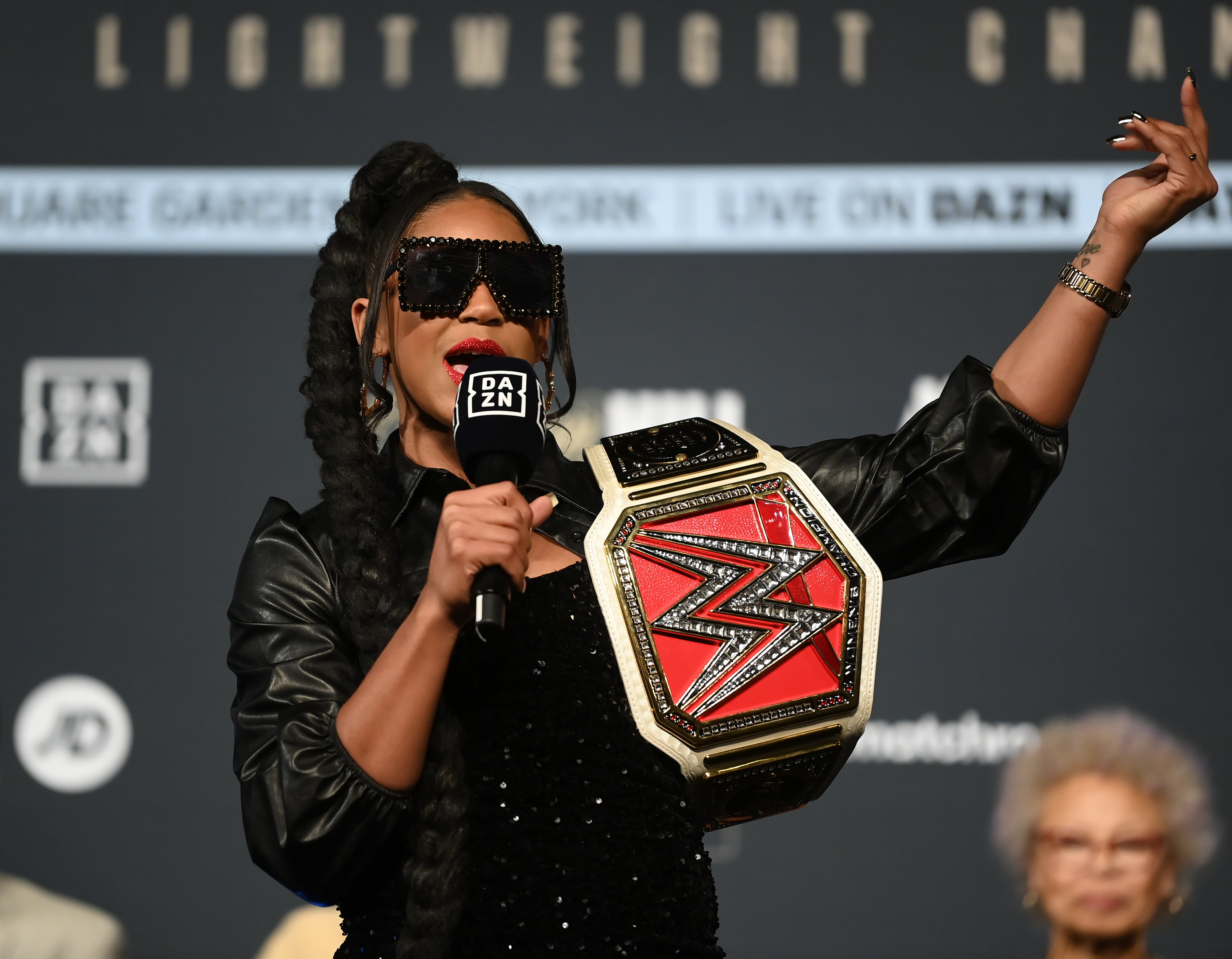 New York , United States - 29 April 2022; WWE wrestler Bianca Belair during the weigh-ins, held at Hulu Theatre at Madison Square Garden, ahead of the undisputed lightweight championship fight between Katie Taylor and Amanda Serrano, on Saturday night at Madison Square Garden in New York, USA. (Photo By Stephen McCarthy/Sportsfile via Getty Images)