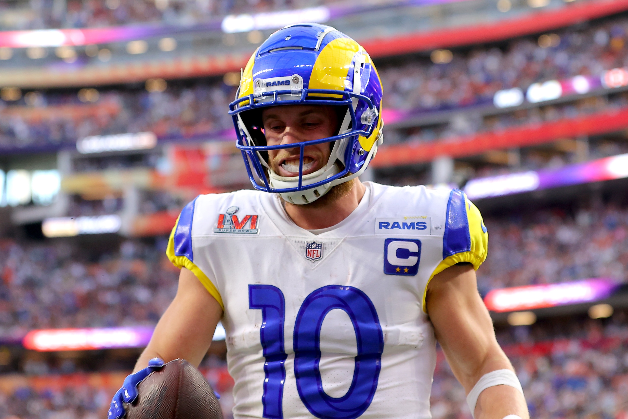 INGLEWOOD, CALIFORNIA - FEBRUARY 13: Cooper Kupp #10 of the Los Angeles Rams celebrates after scoring a touchdown against the Cincinnati Bengals during Super Bowl LVI at SoFi Stadium on February 13, 2022 in Inglewood, California. (Photo by Kevin C. Cox/Getty Images)