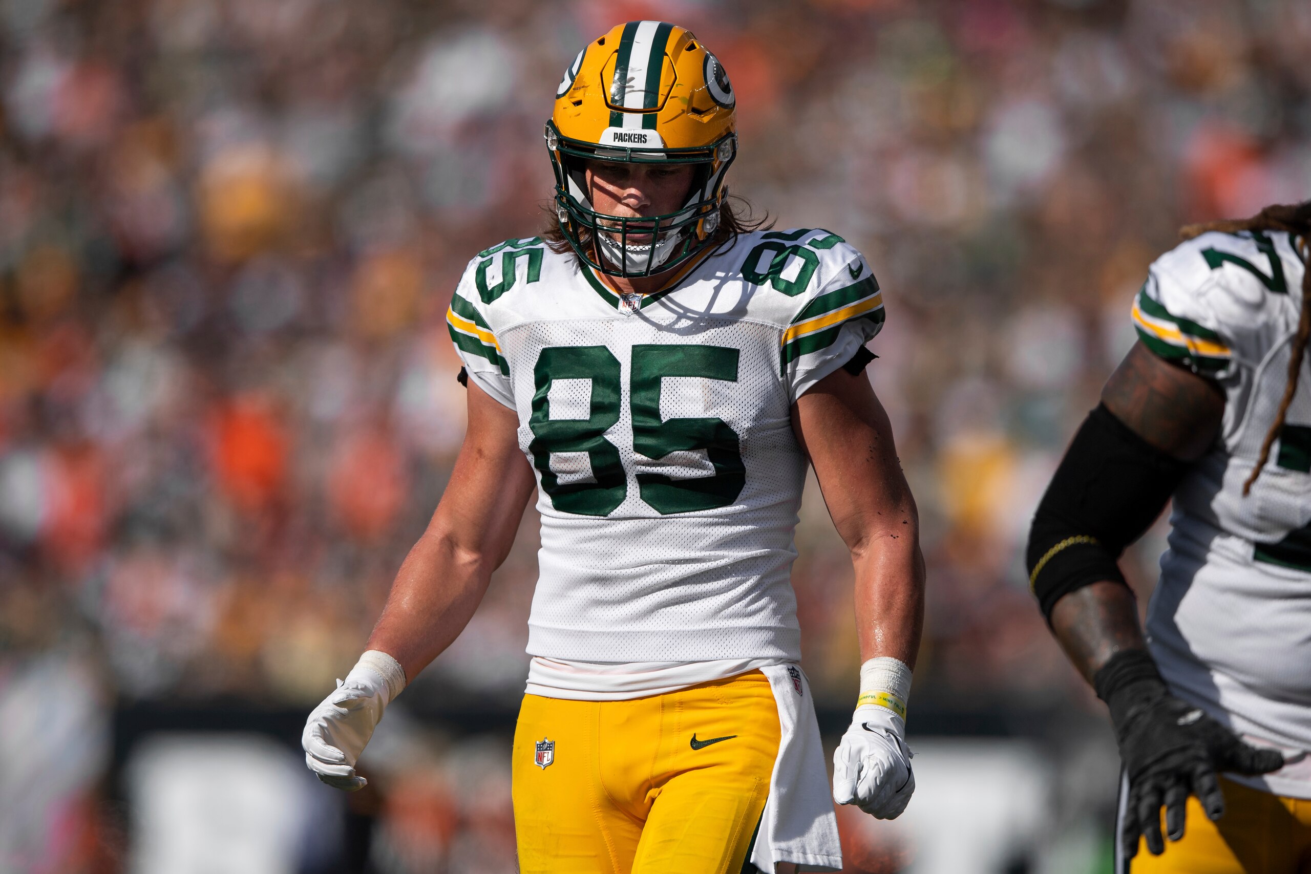Green Bay Packers tight end Robert Tonyan (85) lines up before the snap during an NFL football game against the Cincinnati Bengals, Sunday, Oct. 10, 2021, in Cincinnati. (AP Photo/Zach Bolinger)