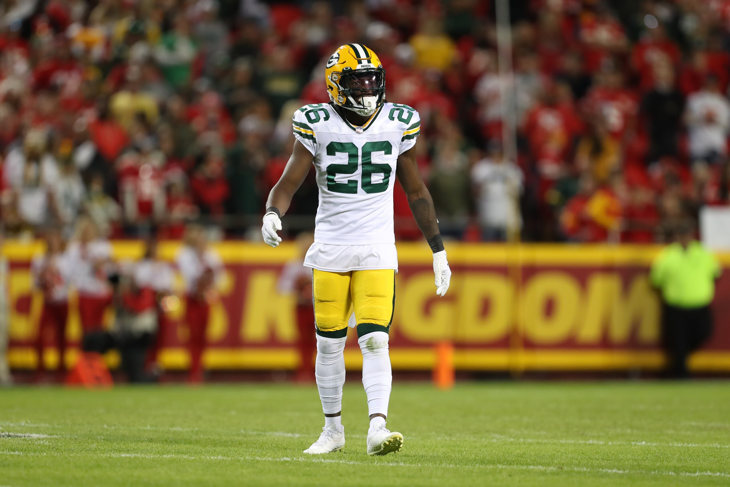 KANSAS CITY, MO - NOVEMBER 07: Green Bay Packers free safety Darnell Savage (26) during an NFL game between the Green Bay Packers and Kansas City Chiefs on Nov 7, 2021 at GEHA Field at Arrowhead Stadium in Kansas City, MO. (Photo by Scott Winters/Icon Sportswire via Getty Images)
