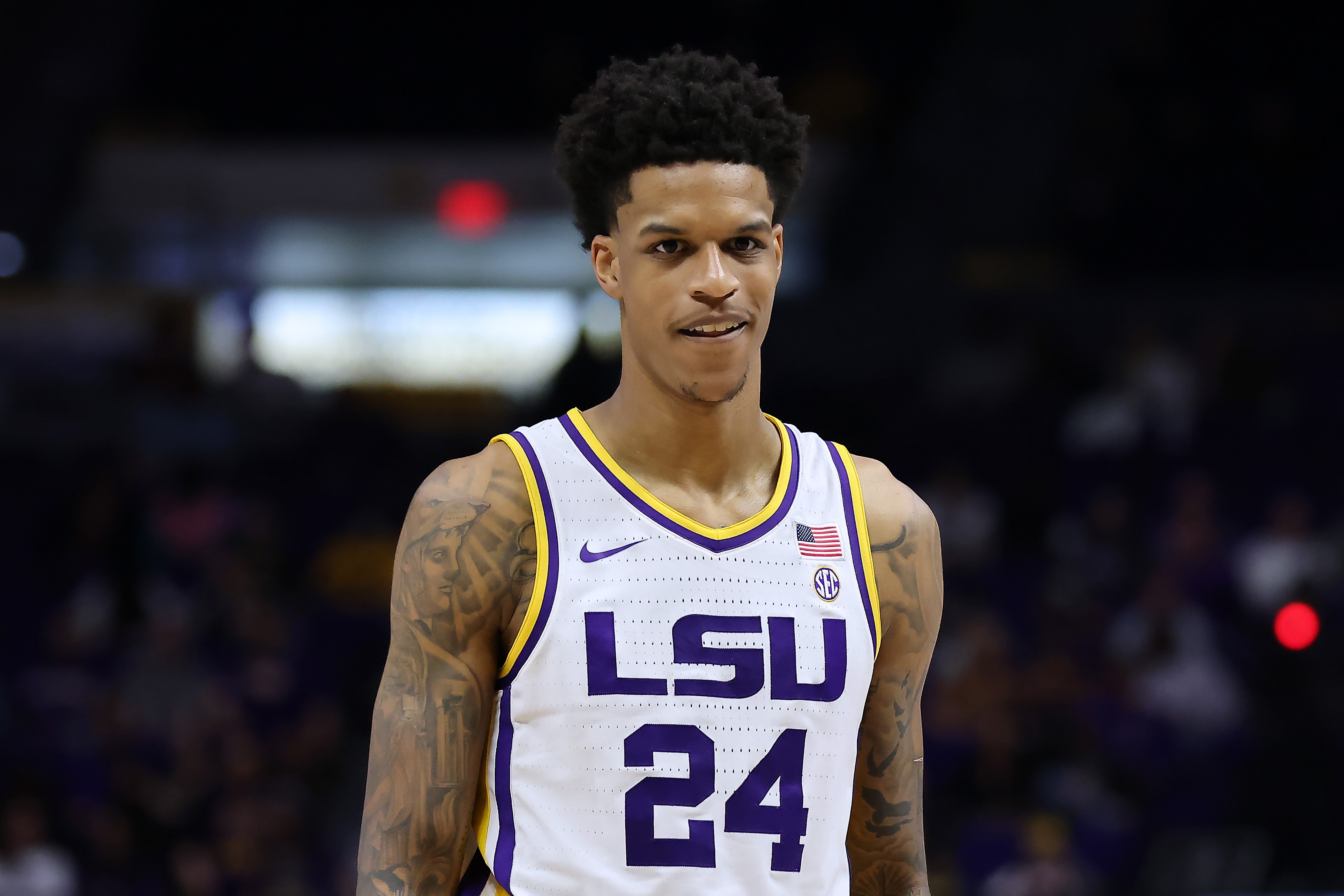 BATON ROUGE, LOUISIANA - FEBRUARY 26: Shareef O'Neal #24 of the LSU Tigers reacts against the Missouri Tigers during a game at the Pete Maravich Assembly Center on February 26, 2022 in Baton Rouge, Louisiana. (Photo by Jonathan Bachman/Getty Images)