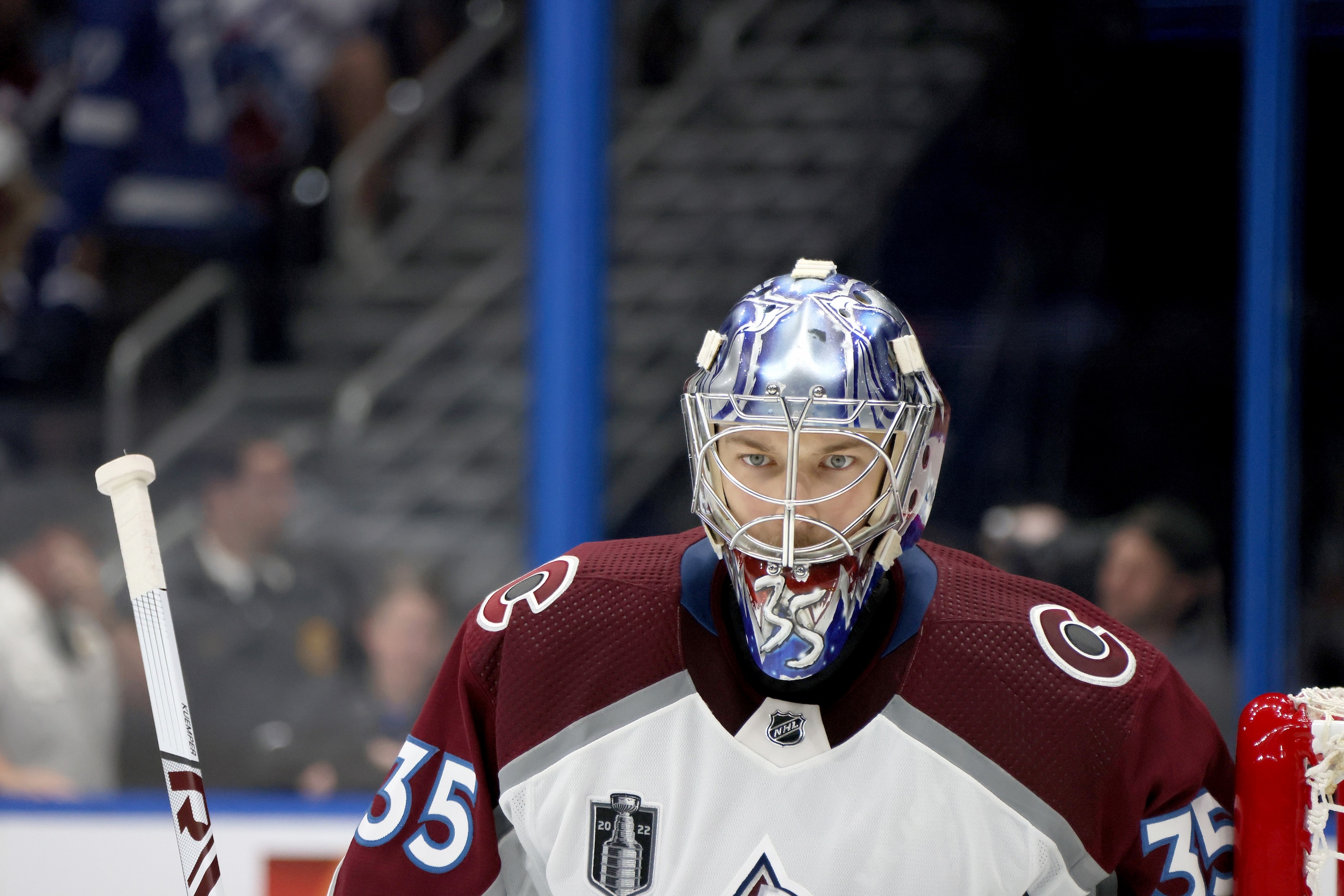 TAMPA, FLORIDA - JUNE 20: Darcy Kuemper #35 of the Colorado Avalanche looks on during the second period against the Tampa Bay Lightning in Game Three of the 2022 NHL Stanley Cup Final at Amalie Arena on June 20, 2022 in Tampa, Florida. (Photo by Bruce Bennett/Getty Images)