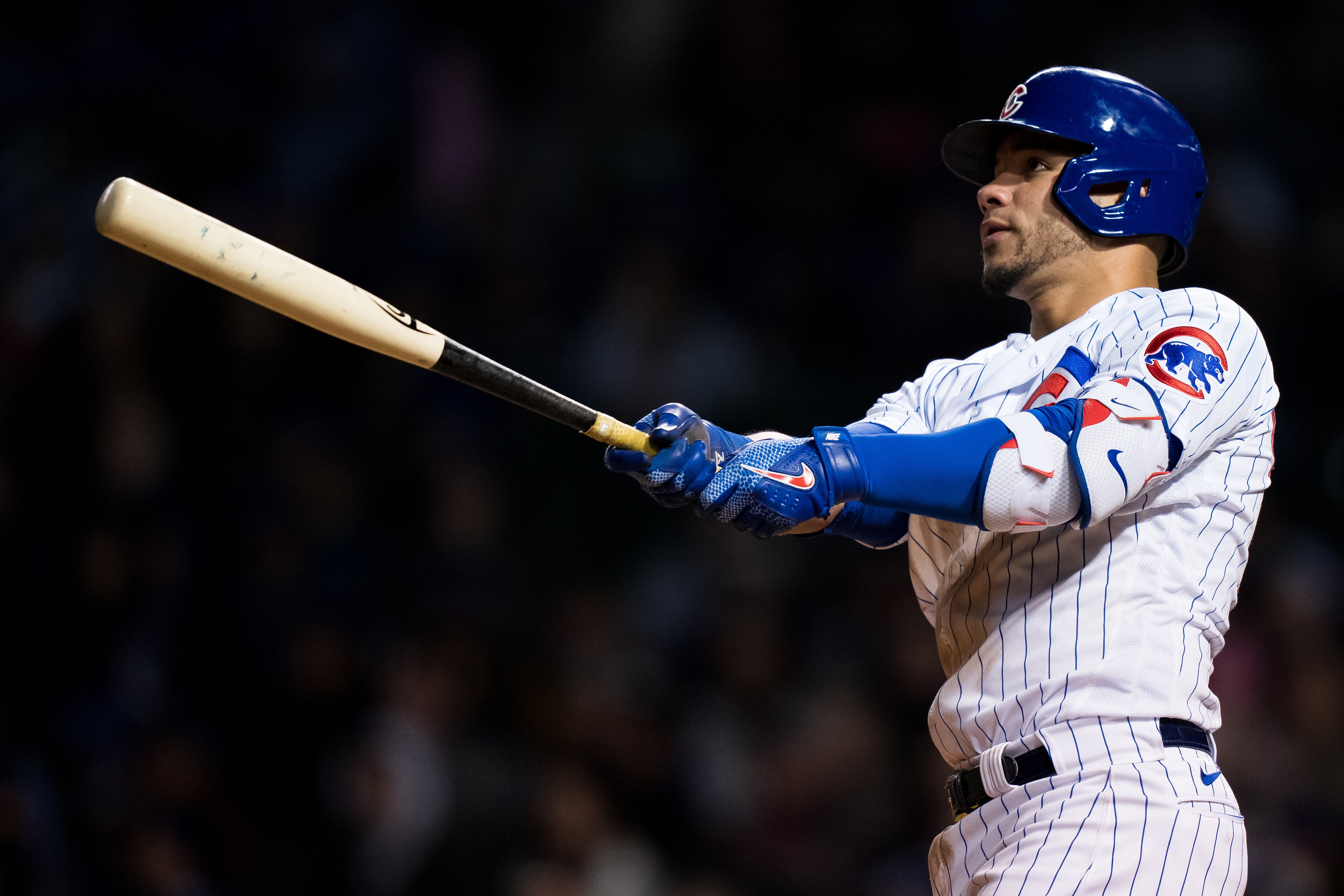 CHICAGO, IL - MAY 08: Willson Contreras of the Chicago Cubs watches the flight of a home run at Wrigley Field in Chicago, Illinois. (Photo by Matt Dirksen/Getty Images)
