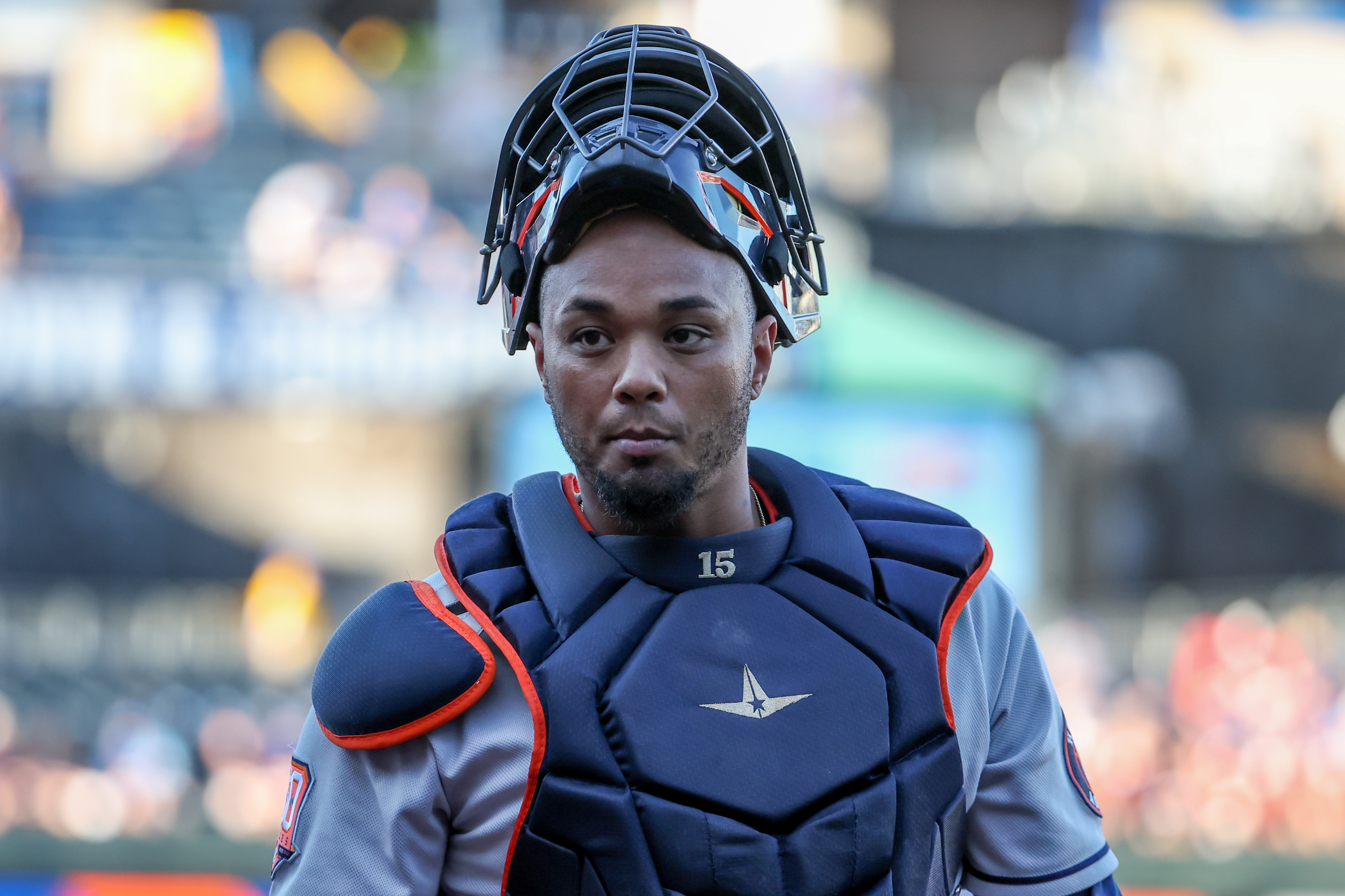 KANSAS CITY, MO - JUNE 03: Houston Astros catcher Martin Maldonado (15) before an MLB game between the Houston Astros and Kansas City Royals on June 03, 2022 at Kaufmann Stadium in Kansas City, MO. (Photo by Scott Winters/Icon Sportswire via Getty Images)