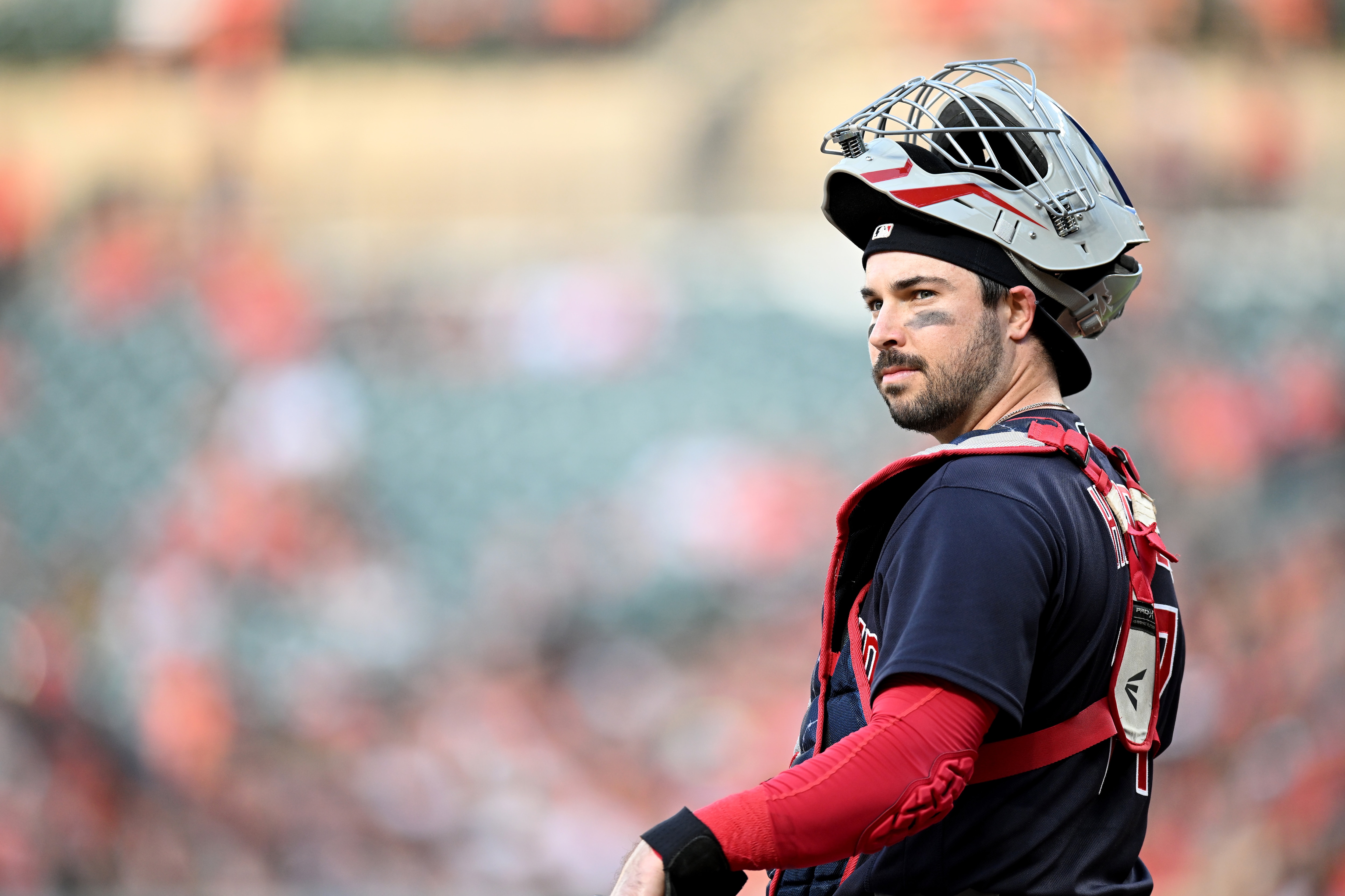 BALTIMORE, MARYLAND - JUNE 03: Austin Hedges #17 of the Cleveland Guardians catches against the Baltimore Orioles at Oriole Park at Camden Yards on June 03, 2022 in Baltimore, Maryland. (Photo by G Fiume/Getty Images)
