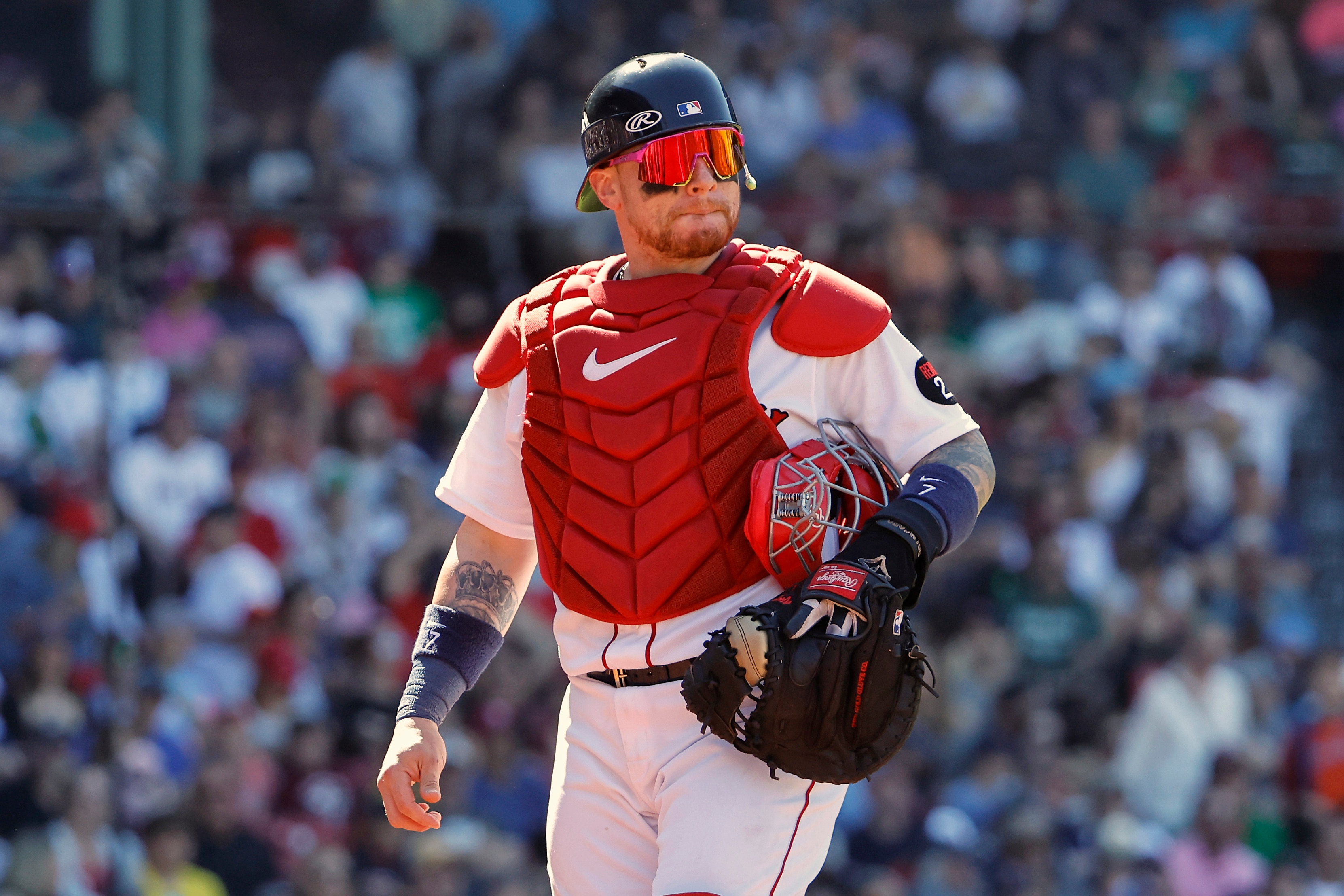 BOSTON, MA - MAY 29: Christian Vazquez #7 of the Boston Red Sox during the fifth inning against the Baltimore Orioles at Fenway Park on May 29, 2022 in Boston, Massachusetts. (Photo By Winslow Townson/Getty Images)