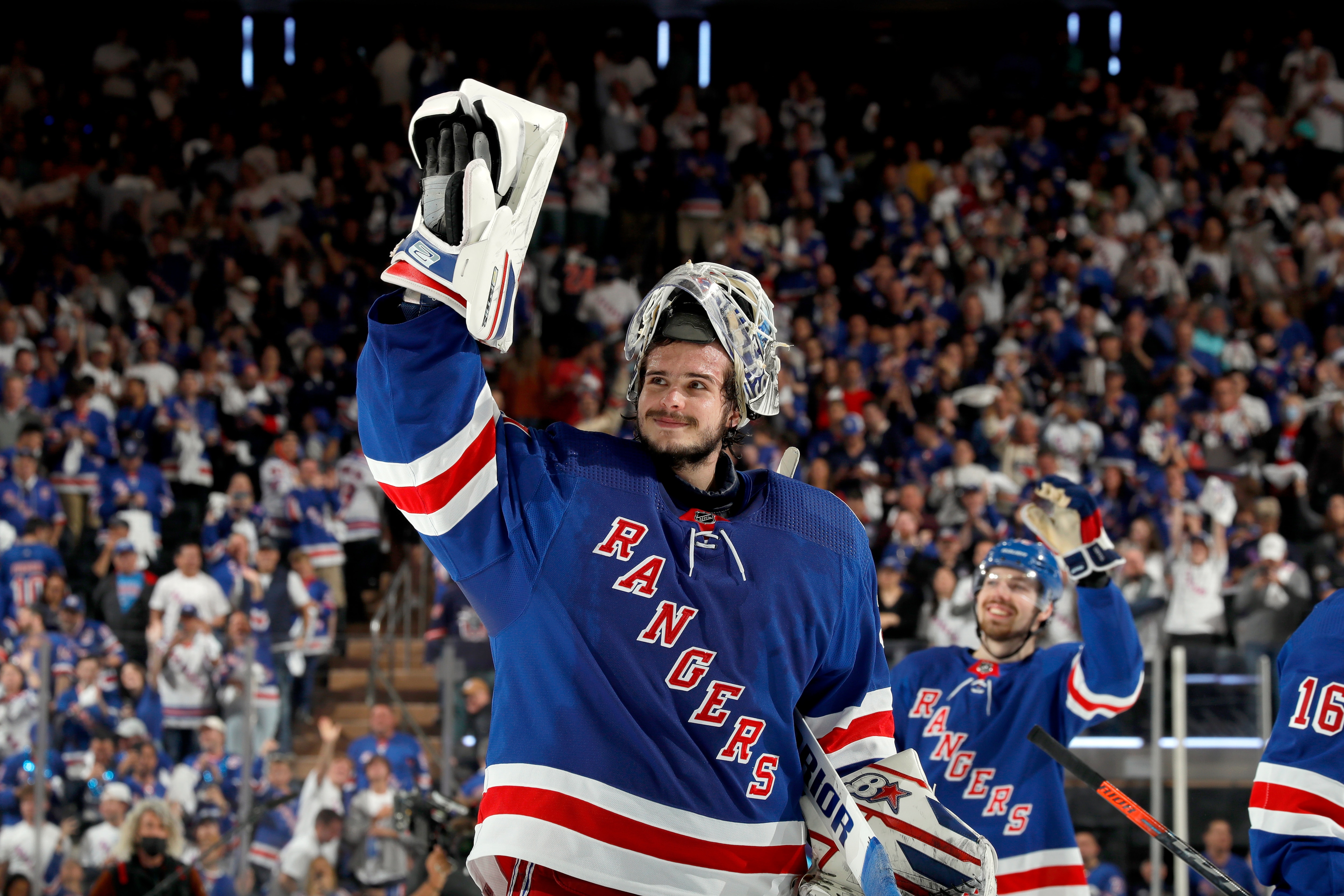 NEW YORK, NY - JUNE 03: Goaltender Igor Shesterkin #31 of the New York Rangers waves to the fans following a 3-2 victory over the Tampa Bay Lightning in Game Two of the Eastern Conference Final of the 2022 Stanley Cup Playoffs at Madison Square Garden on June 3, 2022 in New York City. (Photo by Jared Silber/NHLI via Getty Images)