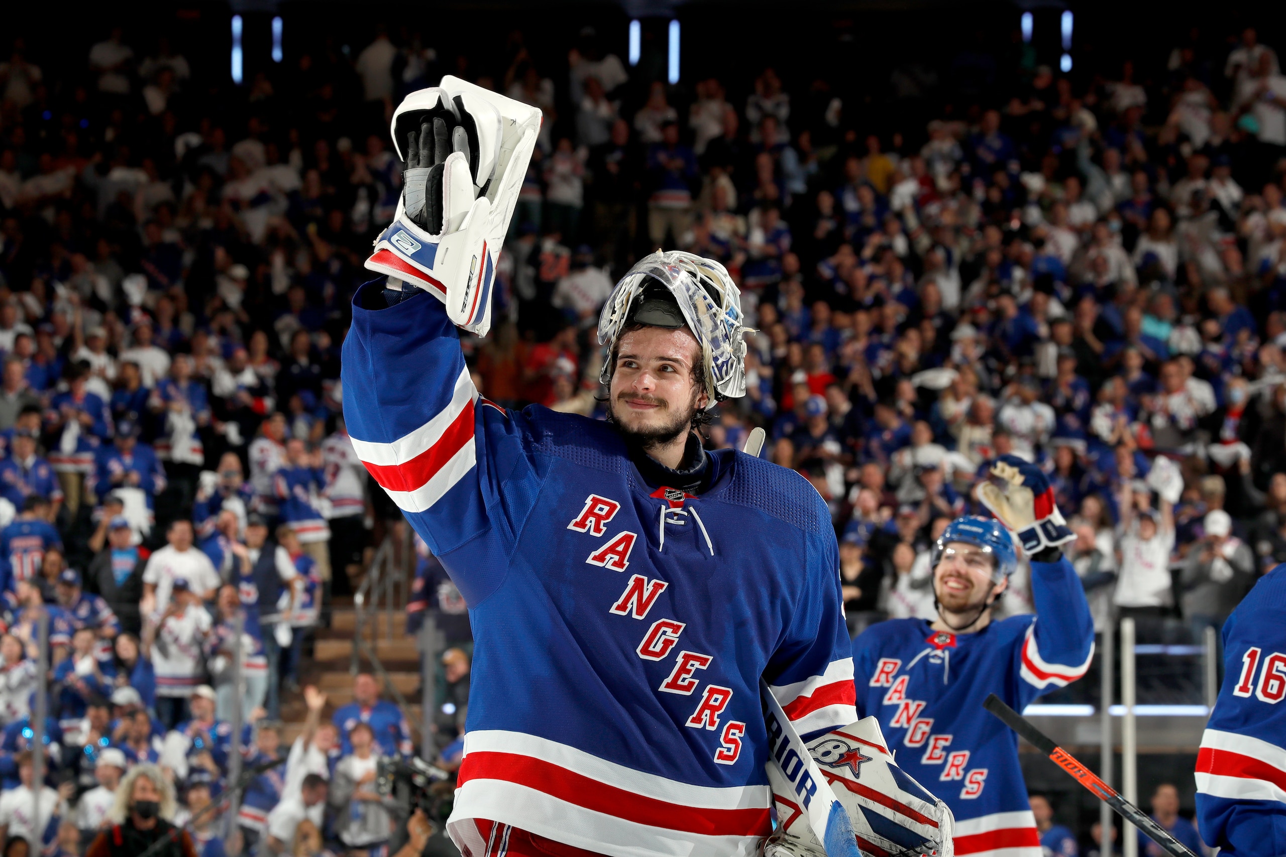 NEW YORK, NY - JUNE 03: Goaltender Igor Shesterkin #31 of the New York Rangers waves to the fans following a 3-2 victory over the Tampa Bay Lightning in Game Two of the Eastern Conference Final of the 2022 Stanley Cup Playoffs at Madison Square Garden on June 3, 2022 in New York City. (Photo by Jared Silber/NHLI via Getty Images)