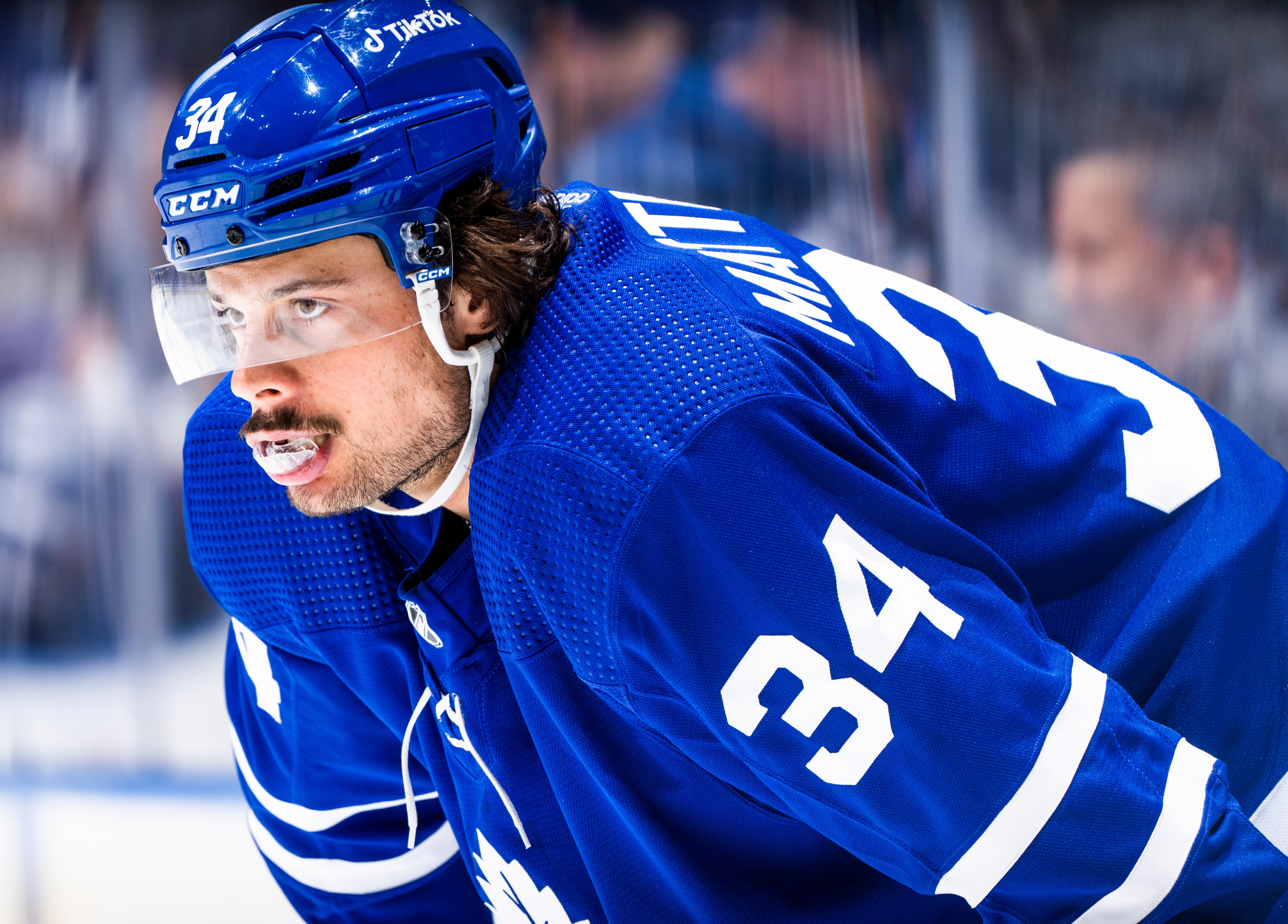 TORONTO, ON - MAY 2: Auston Matthews #34 of the Toronto Maple Leafs looks on against the Seattle Kraken during the first period in Game One of the First Round of the 2022 Stanley Cup Playoffs at the Scotiabank Arena on May 2, 2022 in Toronto, Ontario, Canada. (Photo by Mark Blinch/NHLI via Getty Images)