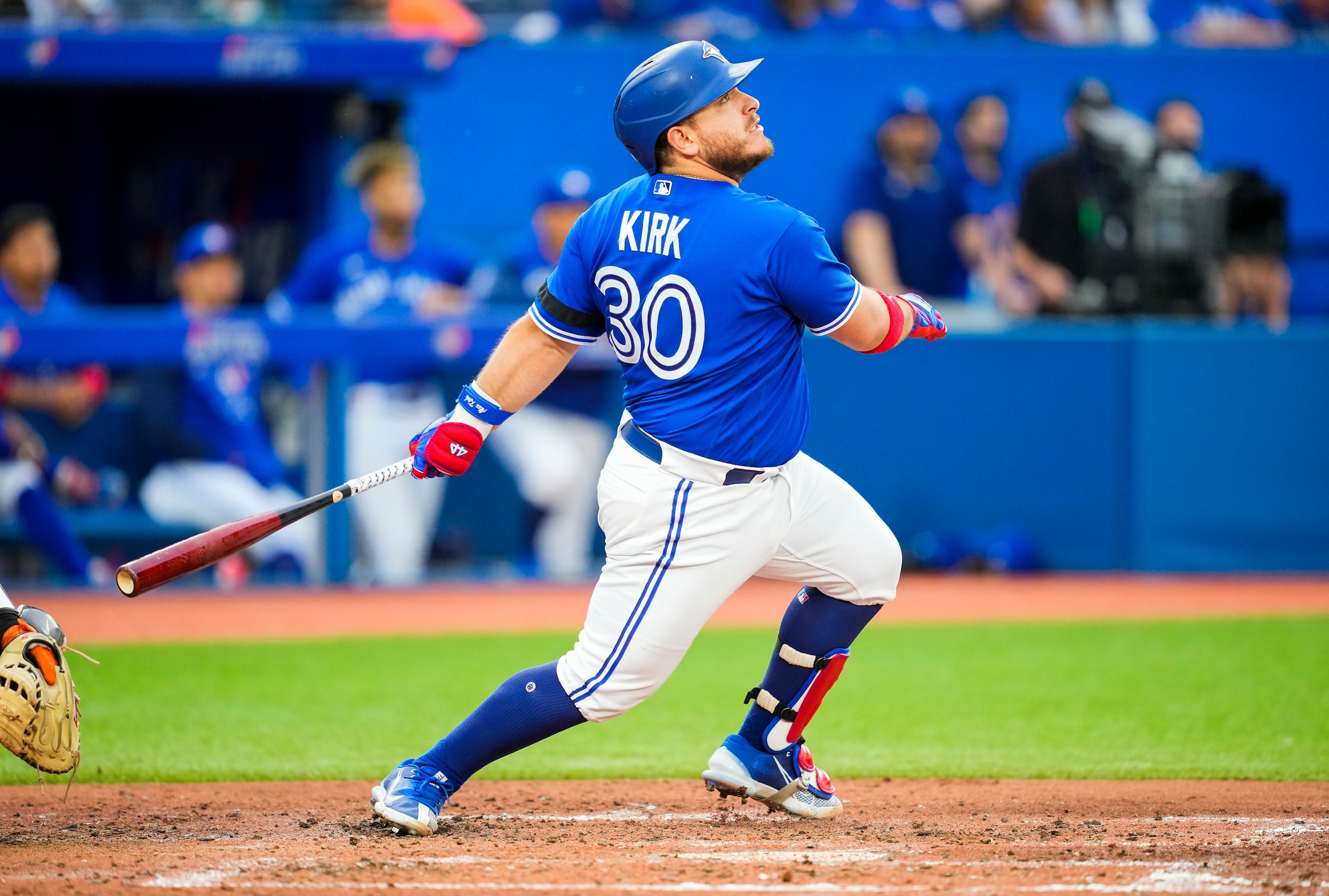 TORONTO, ON - JUNE 13: Alejandro Kirk #30 of the Toronto Blue Jays takes an at bat against the Baltimore Orioles in the third inning during their MLB game at the Rogers Centre on June 13, 2022 in Toronto, Ontario, Canada. (Photo by Mark Blinch/Getty Images)