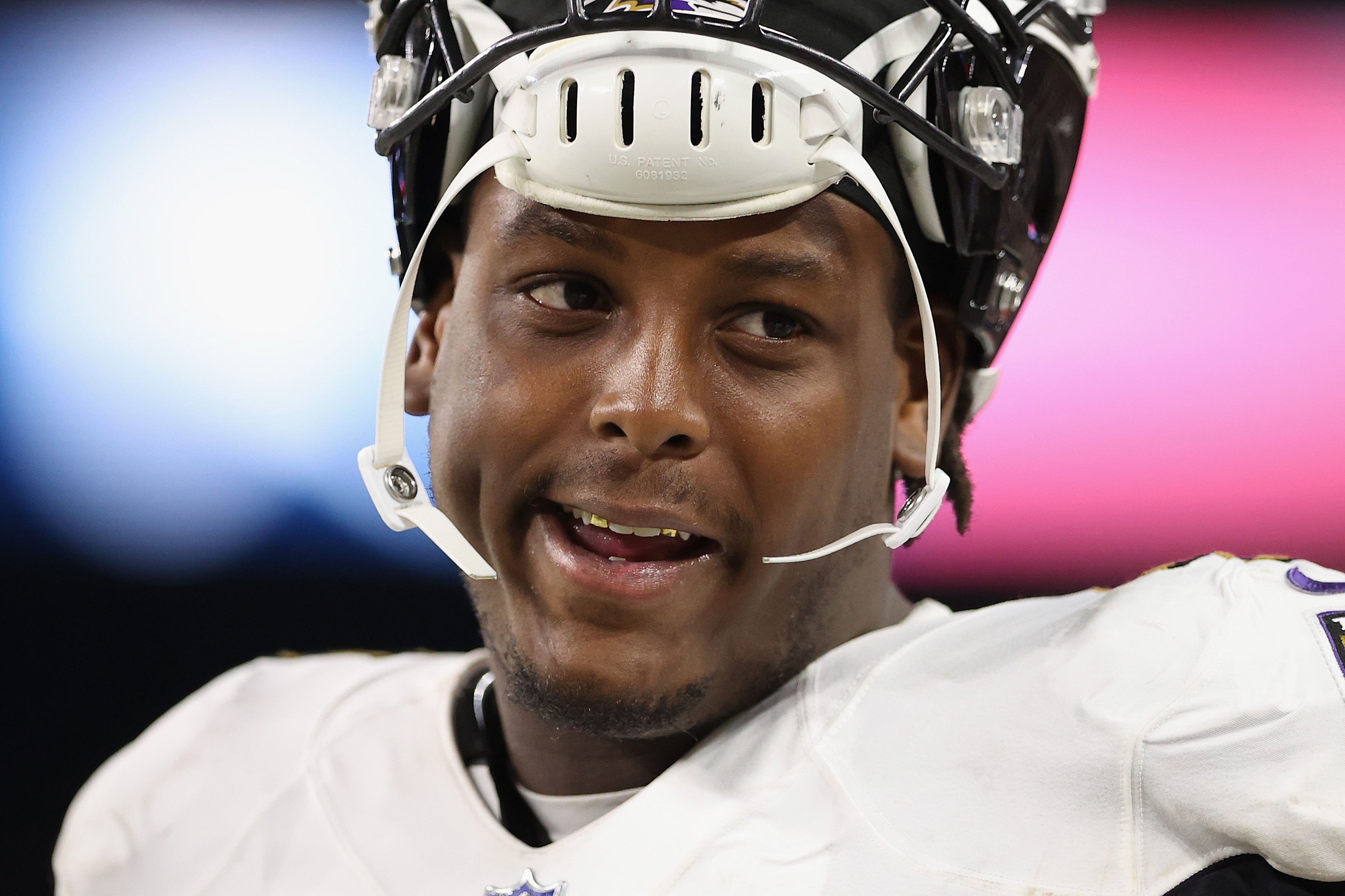 LAS VEGAS, NEVADA - SEPTEMBER 13: Linebacker Jaylon Ferguson #45 of the Baltimore Ravens on the sidelines during the NFL game at Allegiant Stadium on September 13, 2021 in Las Vegas, Nevada. The Raiders defeated the Ravens 33-27 in overtime.  (Photo by Christian Petersen/Getty Images)