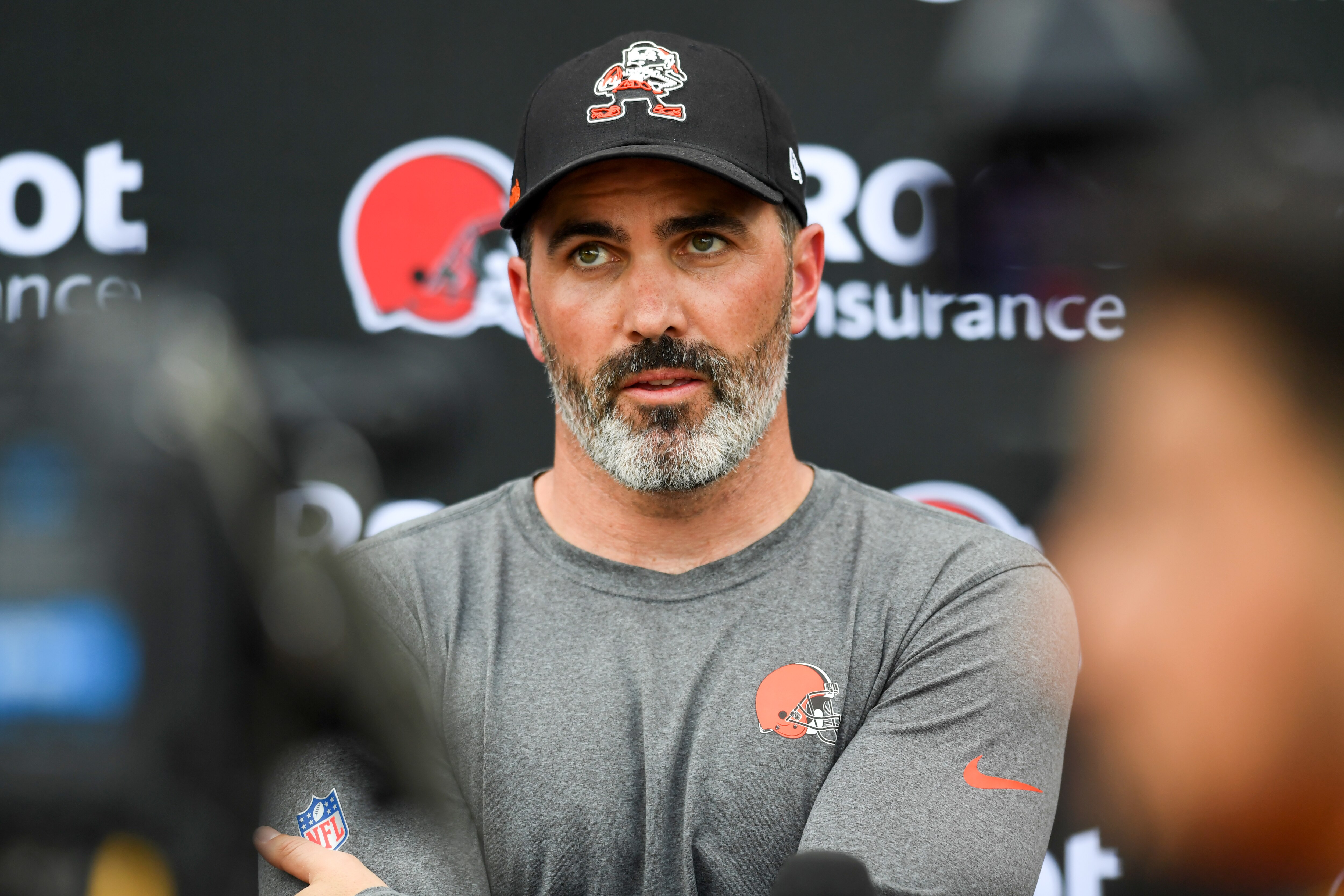 BEREA, OH - MAY 13: Head coach Kevin Stefanski of the Cleveland Browns speaks during a press conference after the first day of Cleveland Browns rookie mini camp at CrossCountry Mortgage Campus on May 13, 2022 in Berea, Ohio. (Photo by Nick Cammett/Diamond Images via Getty Images)