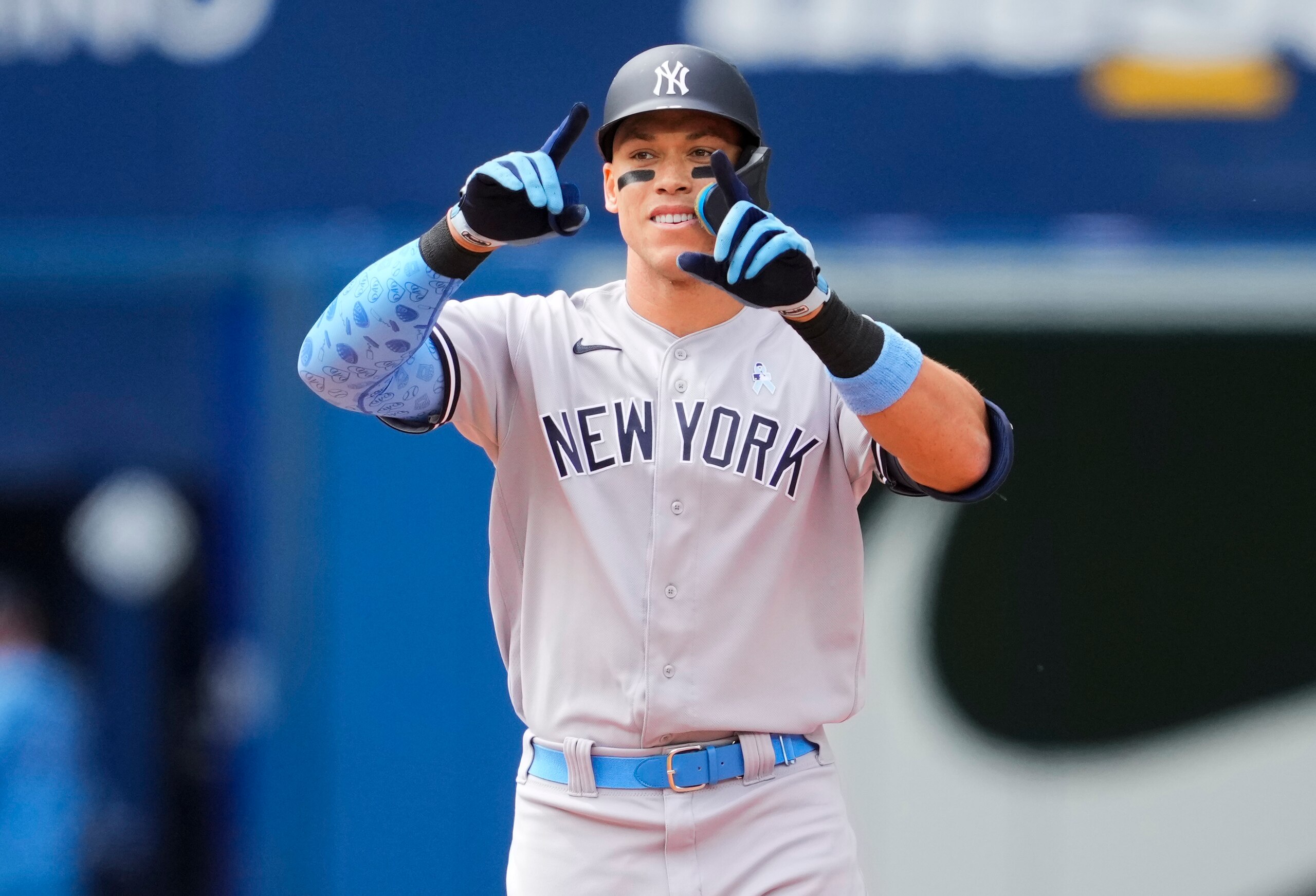 TORONTO, ON - JUNE 19: Aaron Judge #99 of the New York Yankees celebrates his double against the Toronto Blue Jays in the fifth inning during their MLB game at the Rogers Centre on June 19, 2022 in Toronto, Ontario, Canada. (Photo by Mark Blinch/Getty Images)