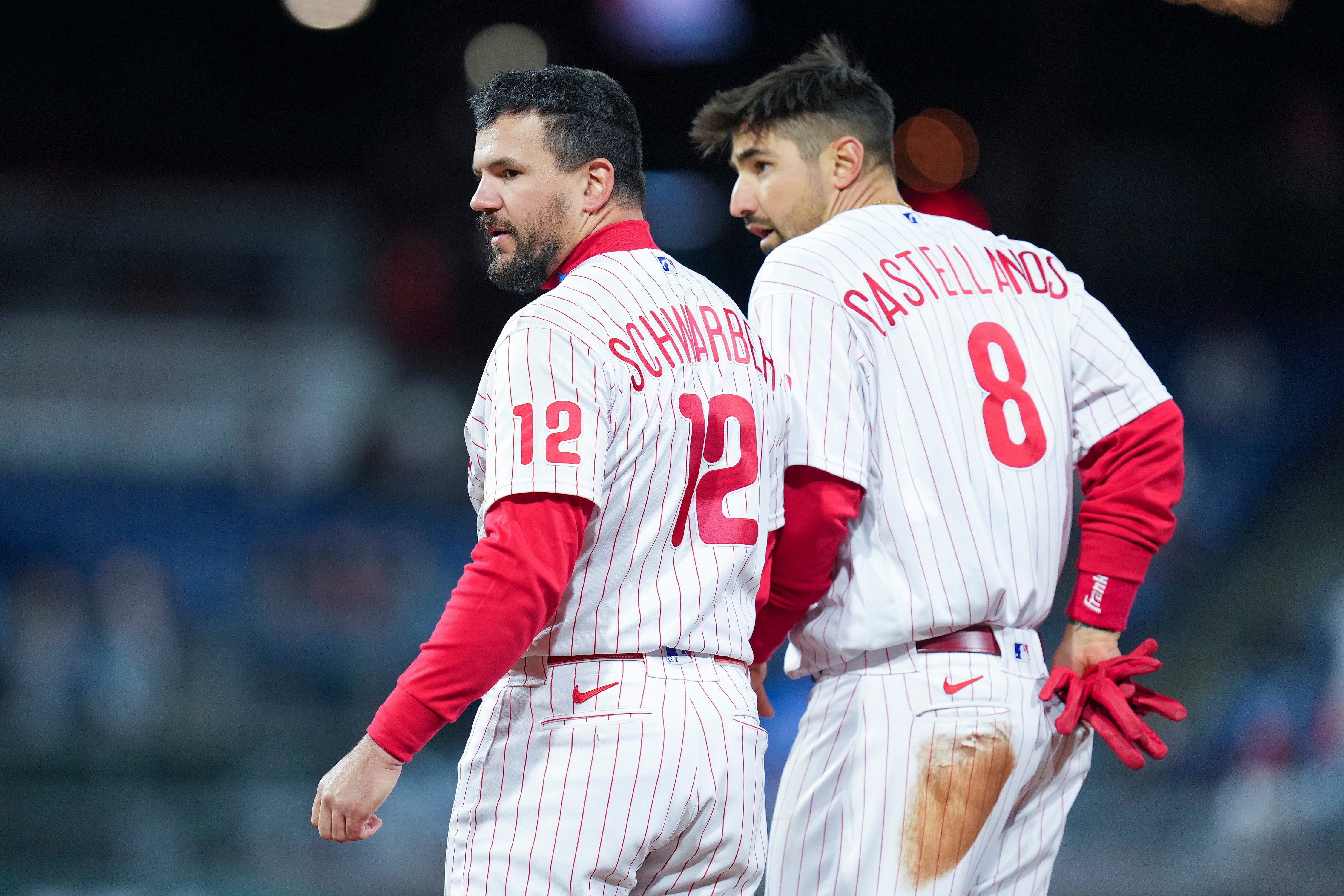 PHILADELPHIA, PA - APRIL 27: Nick Castellanos #8 of the Philadelphia Phillies talks with Kyle Schwarber #12 against the Colorado Rockies at Citizens Bank Park on April 27, 2022 in Philadelphia, Pennsylvania. The Phillies defeated the Rockies 7-3. (Photo by Mitchell Leff/Getty Images)