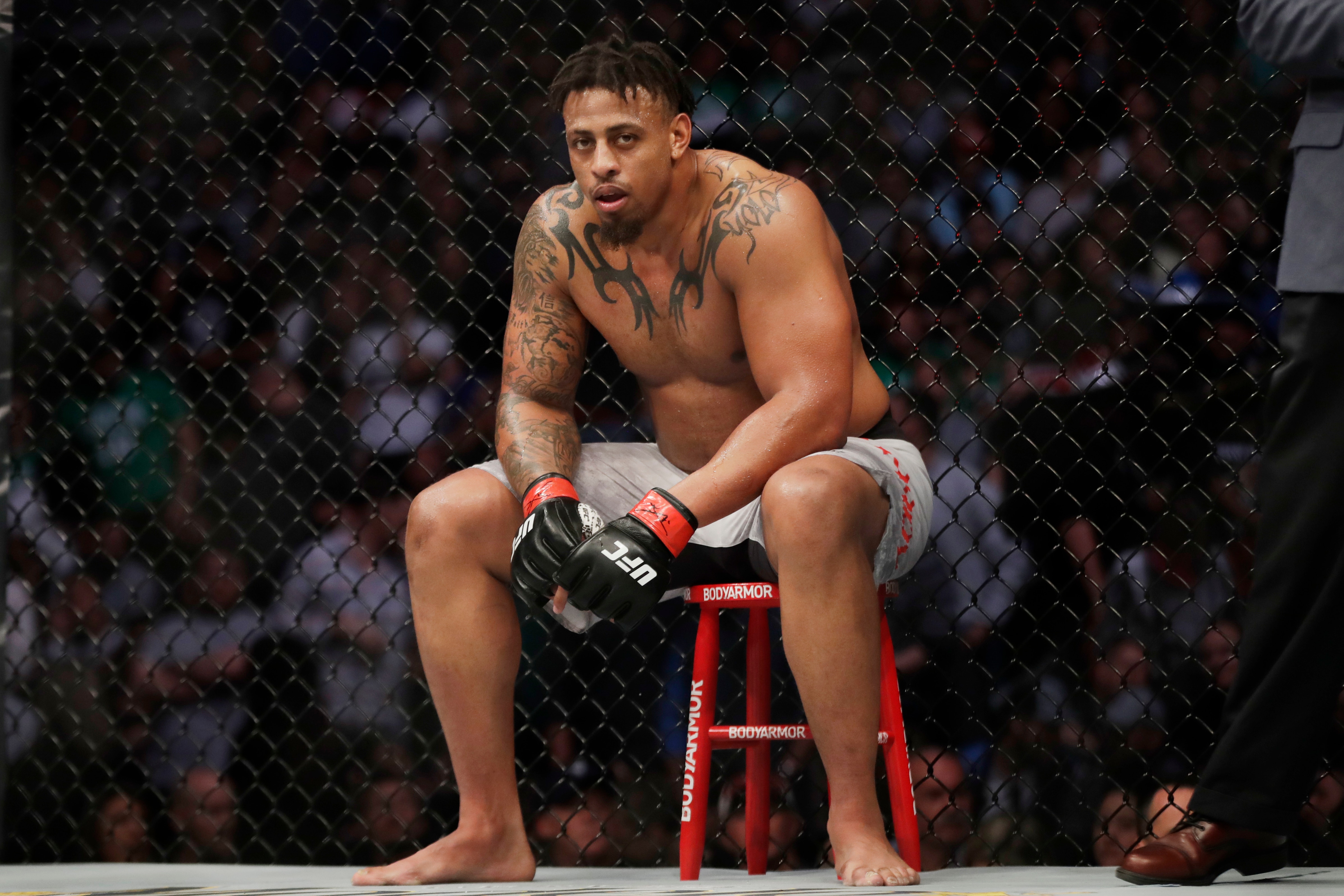 Greg Hardy prepares for a heavyweight mixed martial arts bout against Ben Sosoli, Friday, Oct. 18, 2019, at UFC Fight Night in Boston. (AP Photo/Elise Amendola)