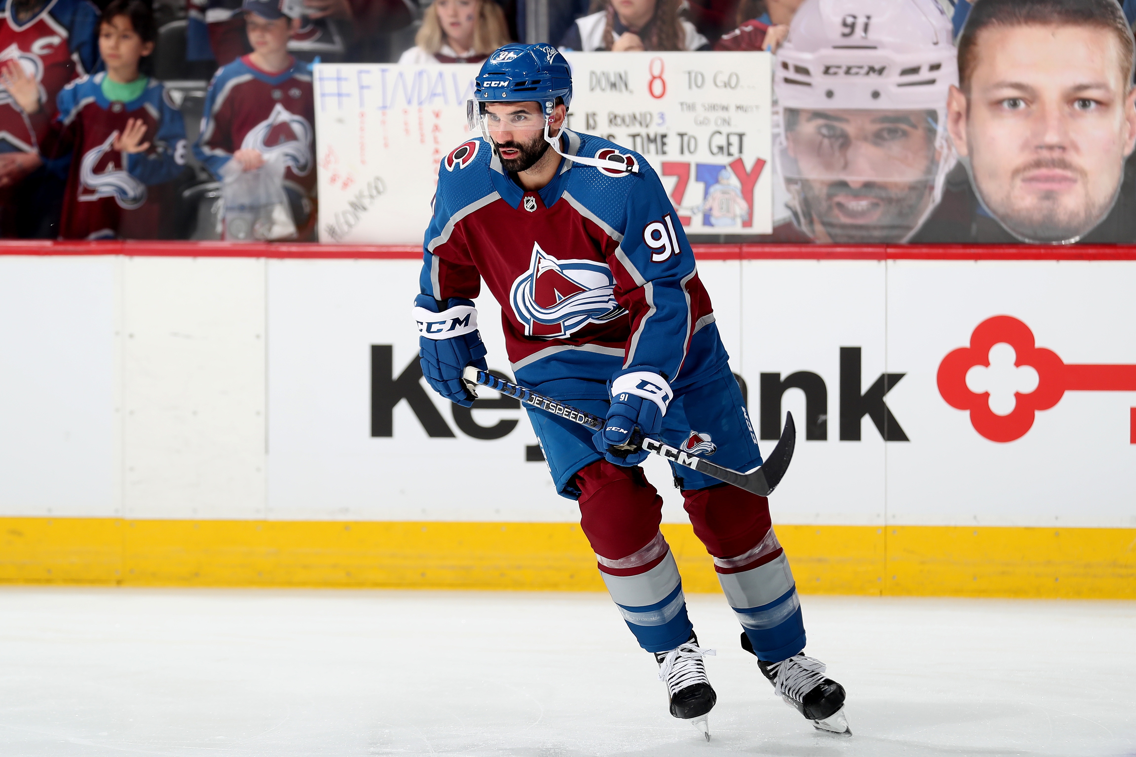 DENVER, COLORADO - MAY 31: Nazem Kadri #91 of the Colorado Avalanche skates  prior to the game against the Edmonton Oilers in Game One of the Western Conference Final of the 2022 Stanley Cup Playoffs at Ball Arena on May 31, 2022 in Denver, Colorado. (Photo by Michael Martin/NHLI via Getty Images)