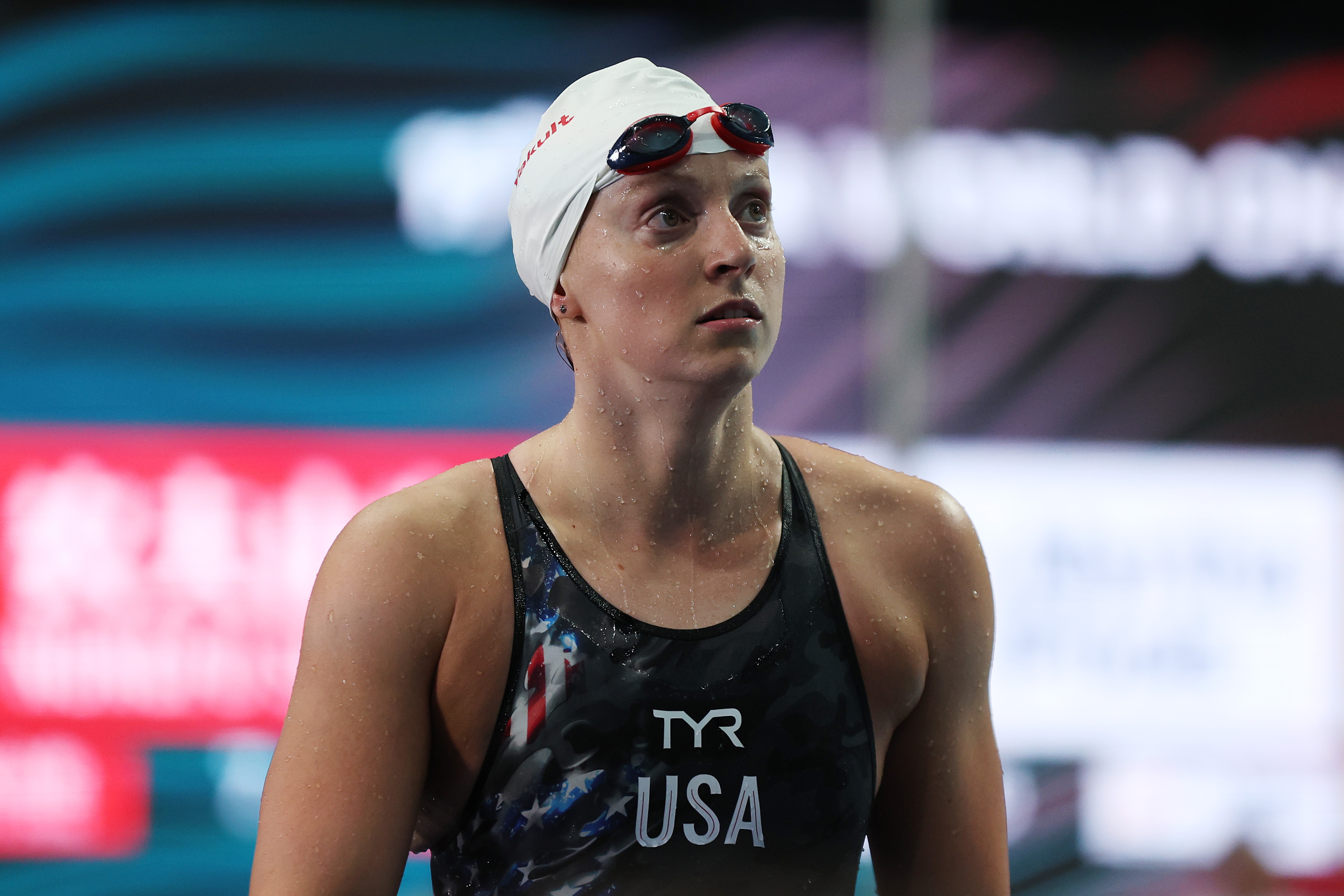 BUDAPEST, HUNGARY - JUNE 18: Katie Ledecky of Team United States looks on in the Women's 400m Freestyle heat on day one of the Budapest 2022 FINA World Championships at Duna Arena on June 18, 2022 in Budapest, Hungary. (Photo by Maddie Meyer/Getty Images)