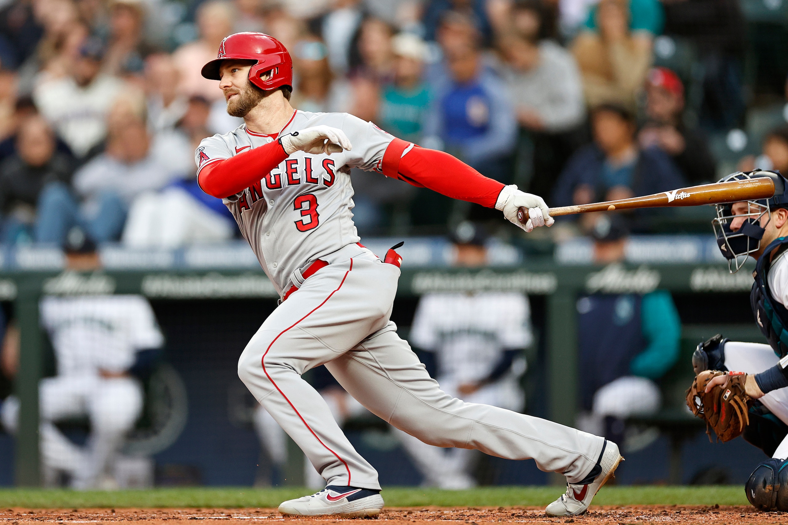 SEATTLE, WASHINGTON - JUNE 16: Taylor Ward #3 of the Los Angeles Angels at bat against the Seattle Mariners during the fifth inning at T-Mobile Park on June 16, 2022 in Seattle, Washington. (Photo by Steph Chambers/Getty Images)