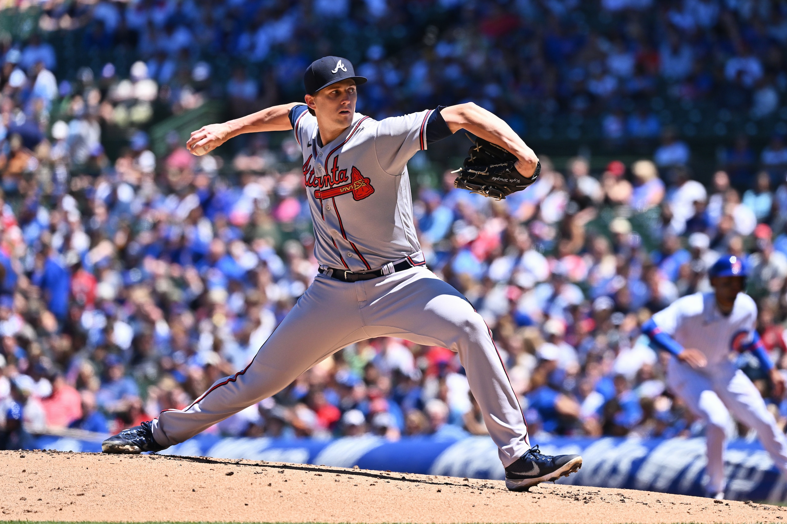 CHICAGO, IL - JUNE 18:  Kyle Wright #30 of the Atlanta Braves pitches against the Chicago Cubs at Wrigley Field on June 18, 2022 in Chicago, Illinois.  (Photo by Jamie Sabau/Getty Images)