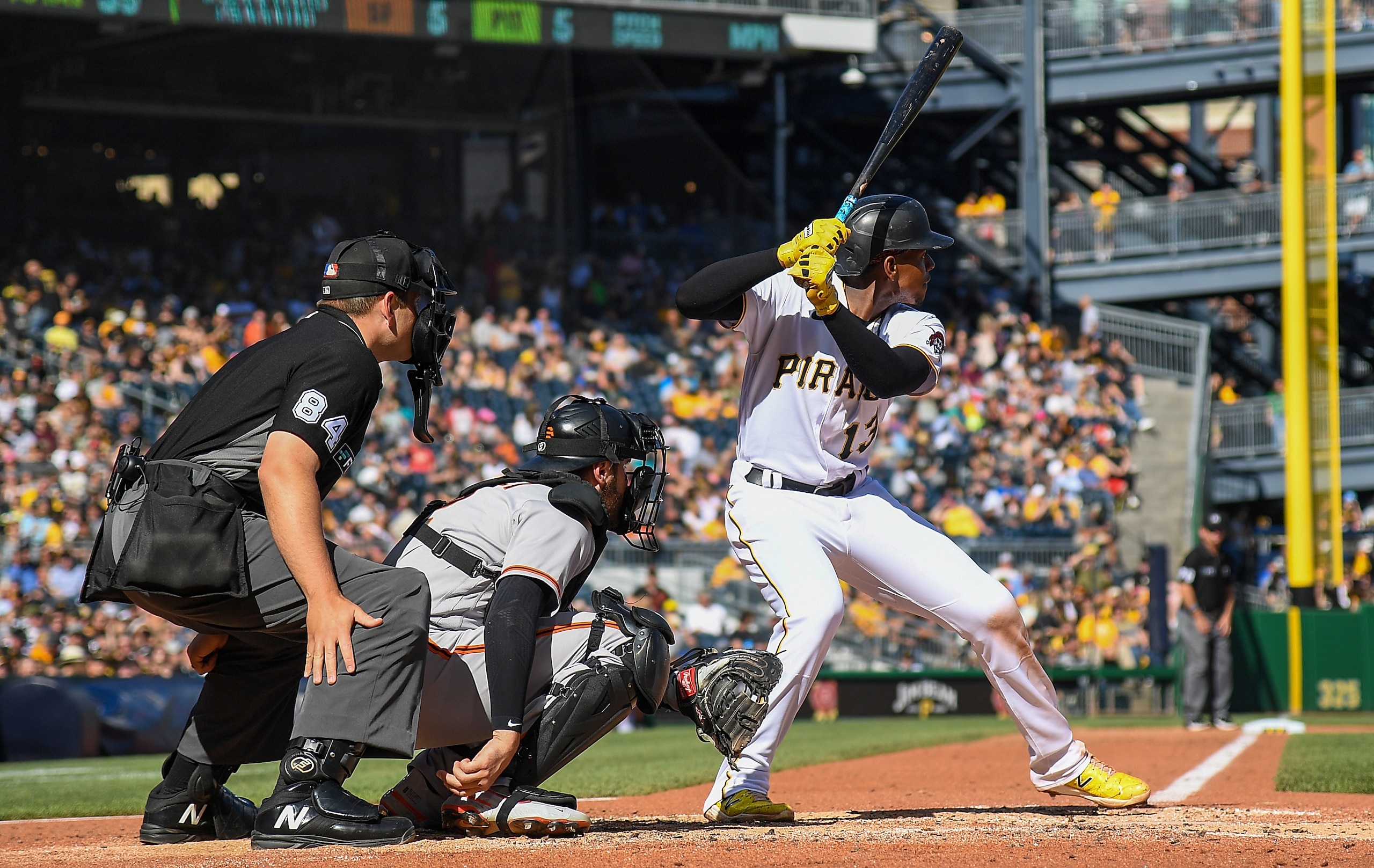 PITTSBURGH, PA - JUNE 18: Ke'Bryan Hayes #13 of the Pittsburgh Pirates in action during the game against the San Francisco Giants at PNC Park on June 18, 2022 in Pittsburgh, Pennsylvania. (Photo by Justin Berl/Getty Images)