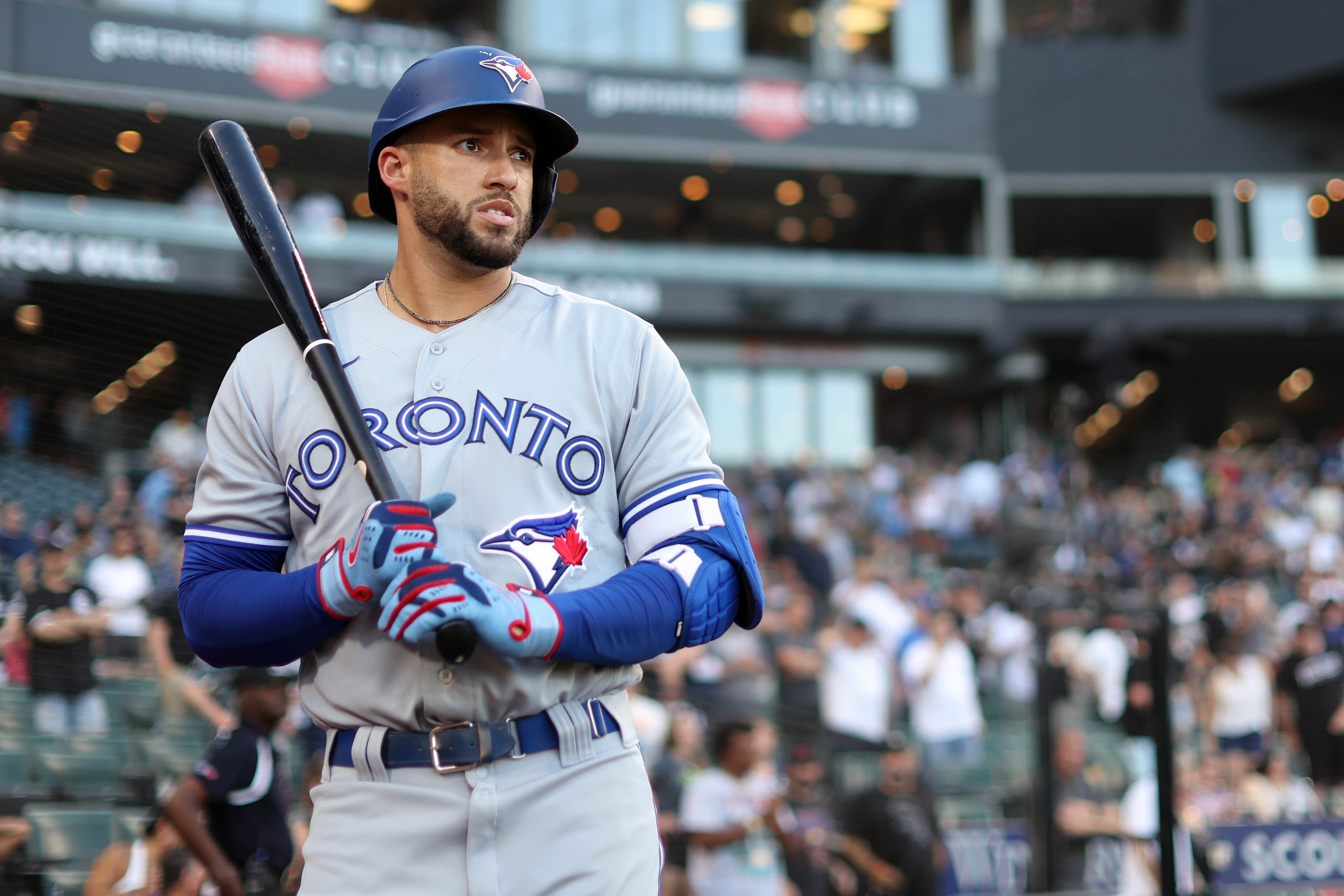 CHICAGO, IL - JUNE 21: George Springer #4 of the Toronto Blue Jays looks on during the game between the Toronto Blue Jays and the Chicago White Sox at Guaranteed Rate Field on Tuesday, June 21, 2022 in Chicago, Illinois. (Photo by Rob Tringali/MLB Photos via Getty Images)