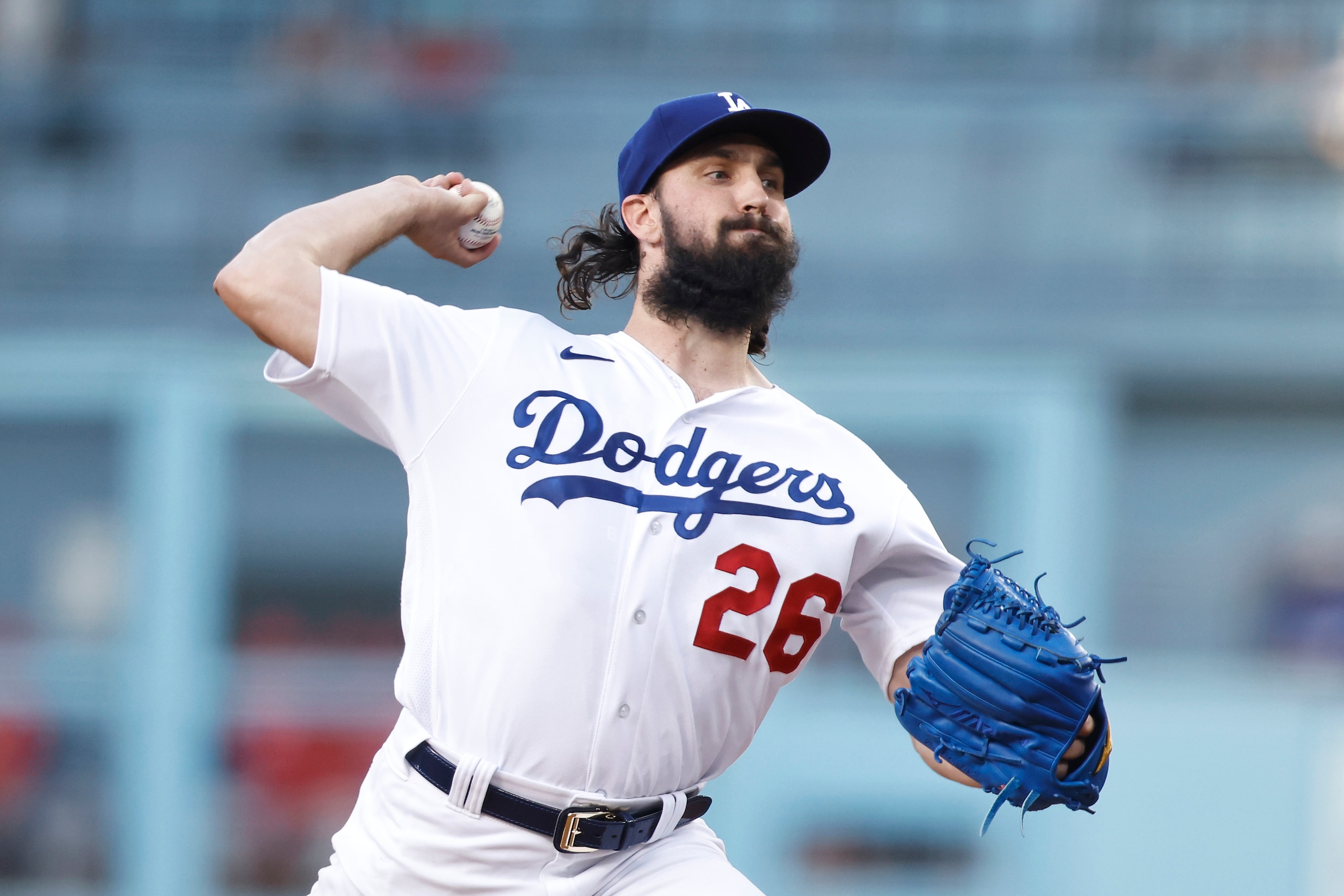 LOS ANGELES, CALIFORNIA - JUNE 14: Tony Gonsolin #26 of the Los Angeles Dodgers pitches against the Los Angeles Angels during the first inning at Dodger Stadium on June 14, 2022 in Los Angeles, California. (Photo by Michael Owens/Getty Images)