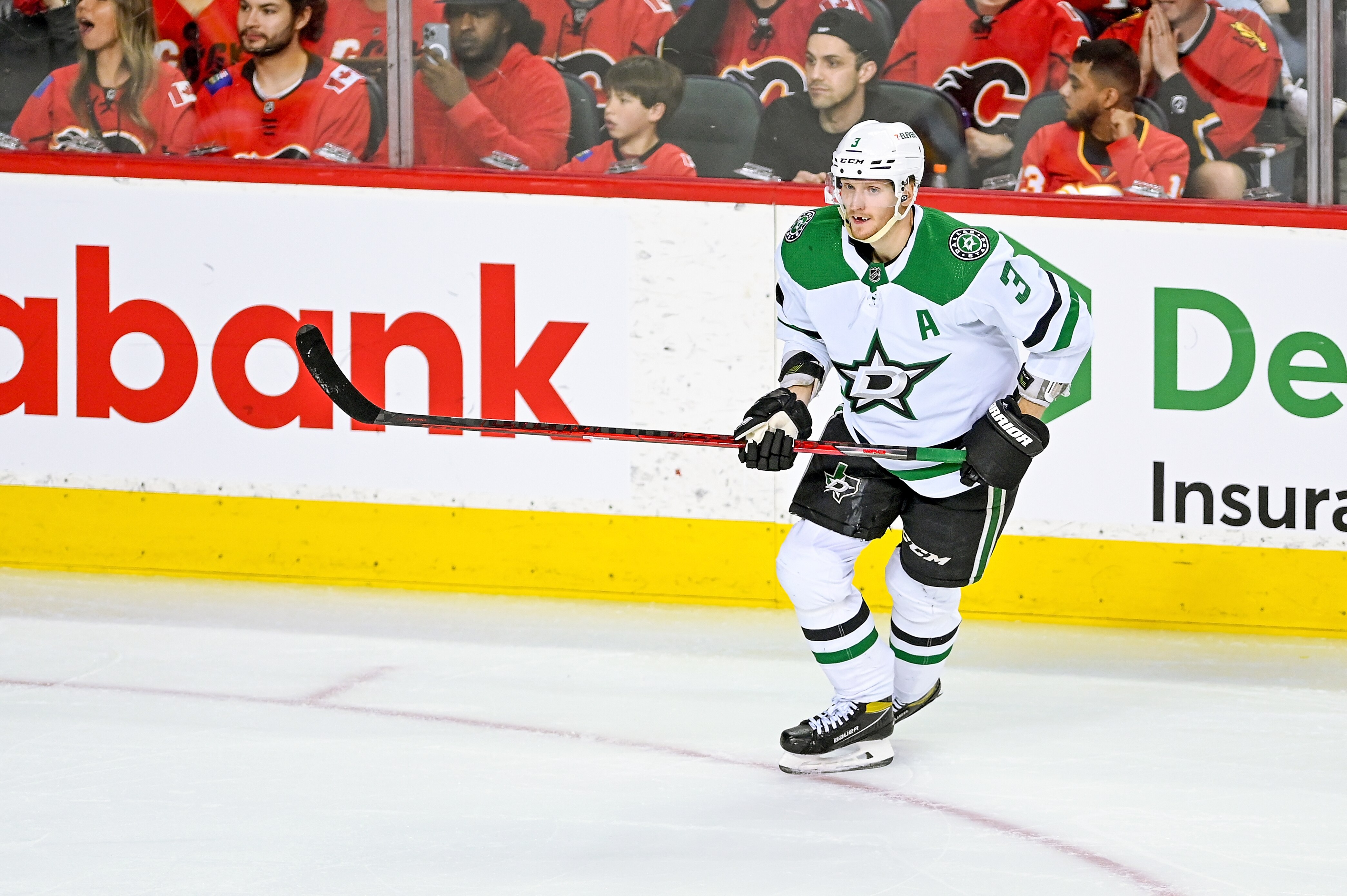 CALGARY, AB - MAY 15: Dallas Stars Defenceman John Klingberg (3) skates during the third period of game 7 of the first round of the NHL Stanley Cup Playoffs between the Calgary Flames and the Dallas Stars on May 15, 2022, at the Scotiabank Saddledome in Calgary, AB. (Photo by Brett Holmes/Icon Sportswire via Getty Images)