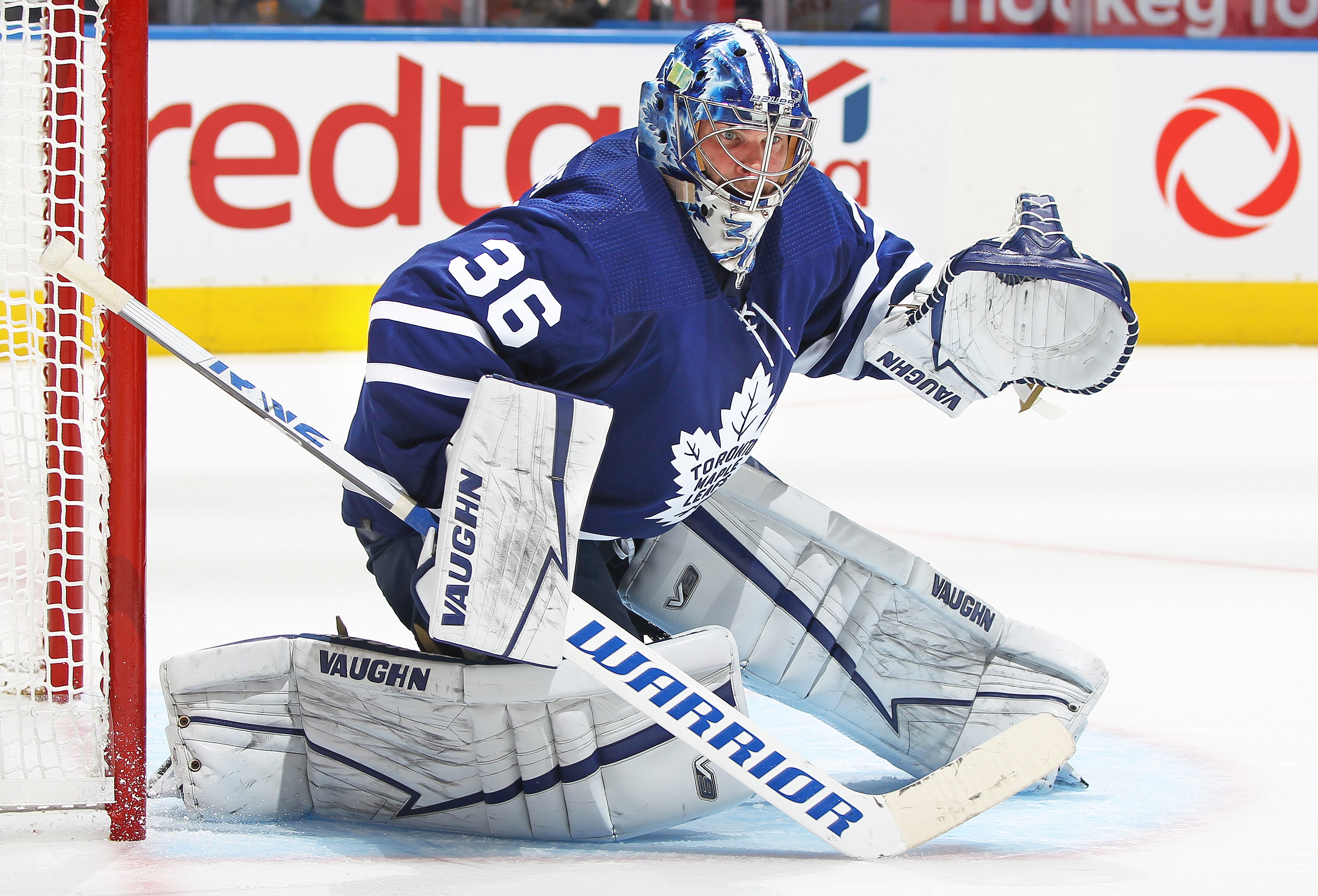 TORONTO, ON - MAY 14:  Jack Campbell #36 of the Toronto Maple Leafs looks for a puck against the Tampa Bay Lightning during Game Seven of the First Round of the 2022 Stanley Cup Playoffs at Scotiabank Arena on May 14, 2022 in Toronto, Ontario, Canada. ( Photo by Claus Andersen/Getty images)