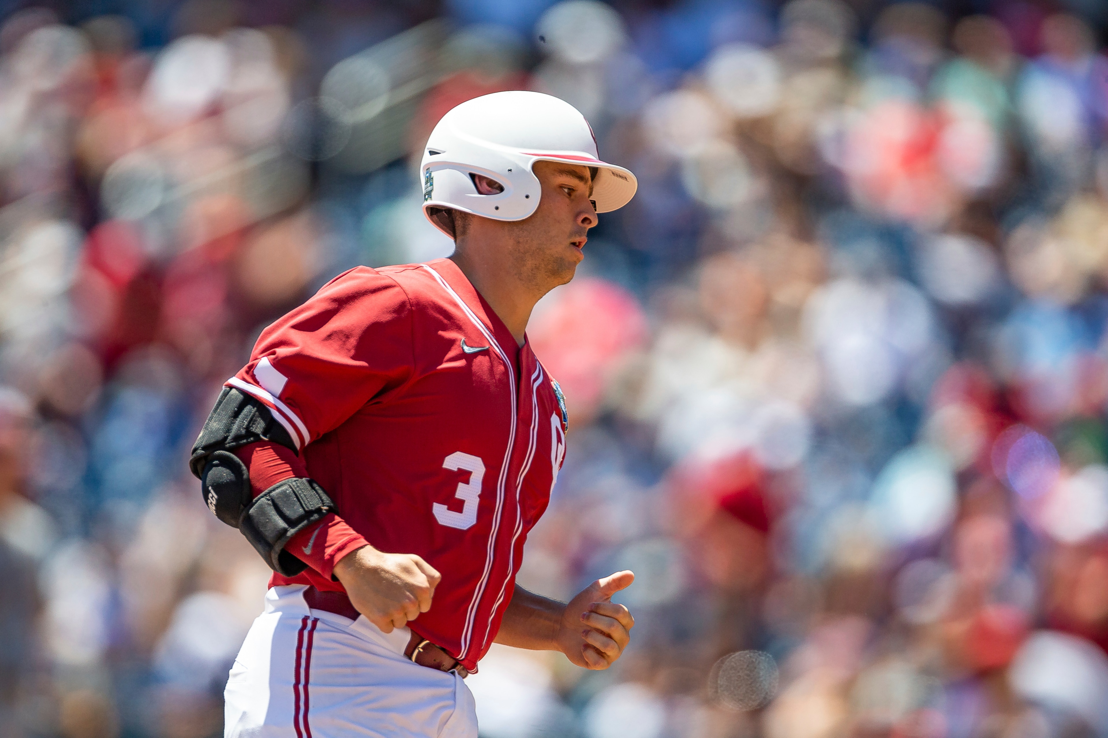 Oklahoma's Jimmy Crooks (3) runs the bases after hitting a three run homer in the first inning against Texas A&M during an NCAA College World Series baseball game Wednesday, June 22, 2022, in Omaha, Neb. (AP Photo/John Peterson) Oklahoma's Jimmy Crooks (3) runs the bases after hitting a three run homer in the first inning against Texas A&M during an NCAA College World Series baseball game Wednesday, June 22, 2022, in Omaha, Neb. (AP Photo/John Peterson)