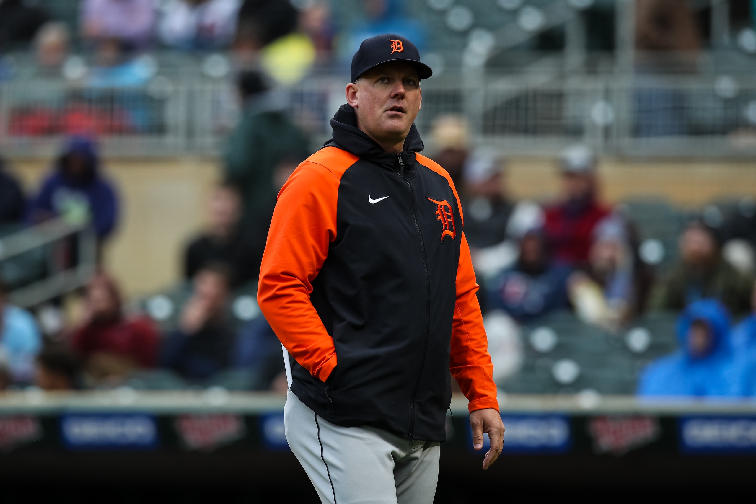 MINNEAPOLIS, MN - MAY 25: A.J. Hinch #14 of the Detroit Tigers looks on against the Minnesota Twins in the third inning of the game at Target Field on May 25, 2022 in Minneapolis, Minnesota. The Tigers defeated the Twins 4-2 in ten innings. (Photo by David Berding/Getty Images)