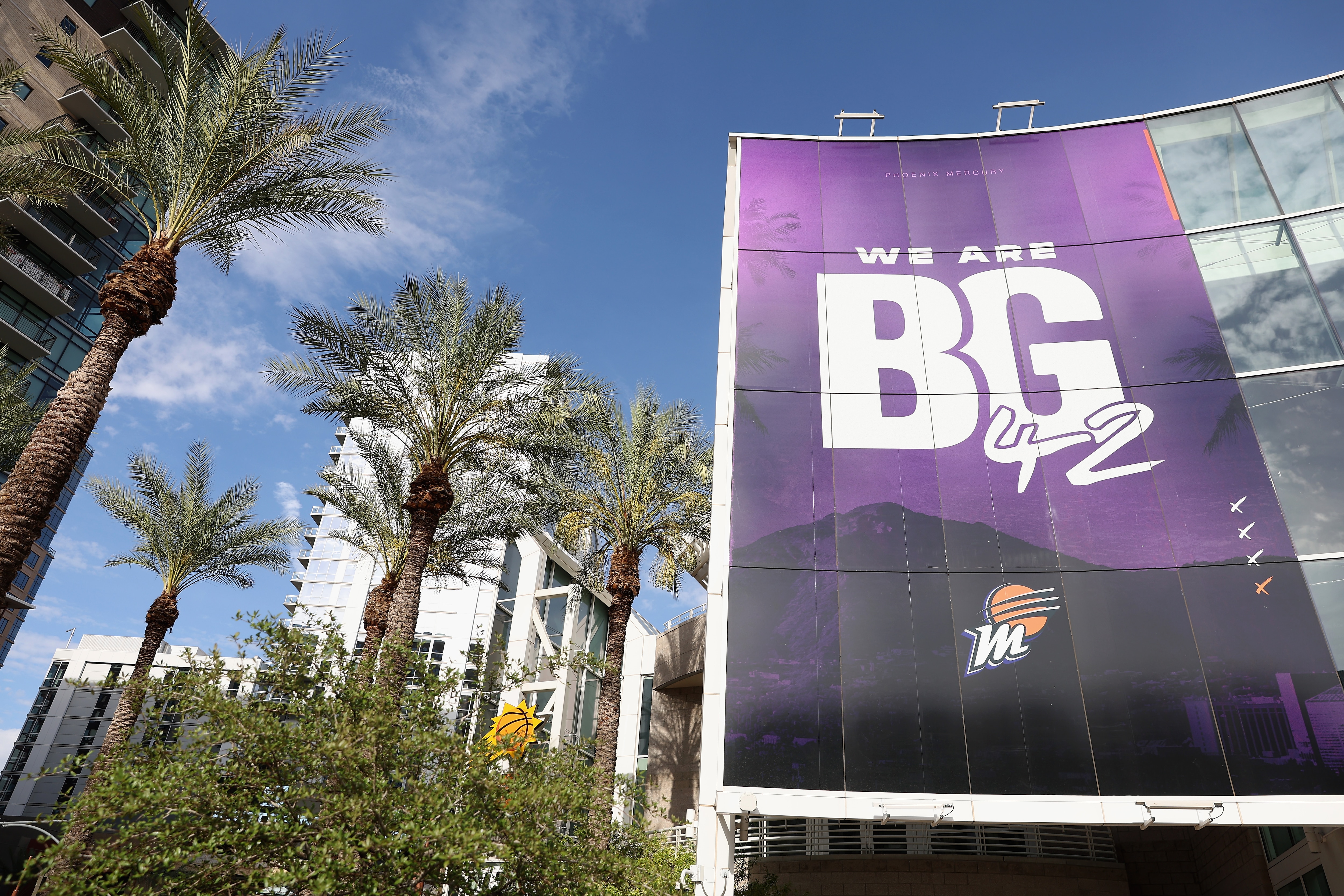 PHOENIX, ARIZONA - JUNE 21: "We Are BG 42" is displayed on the exterior of Footprint Center before the WNBA game between the Phoenix Mercury and the Minnesota Lynx on June 21, 2022 in Phoenix, Arizona.  Brittney Griner of the Phoenix Mercury was detained on February 17, at a Moscow-area airport after cannabis oil was allegedly found in her luggage. NOTE TO USER: User expressly acknowledges and agrees that, by downloading and or using this photograph, User is consenting to the terms and conditions of the Getty Images License Agreement.  (Photo by Christian Petersen/Getty Images)