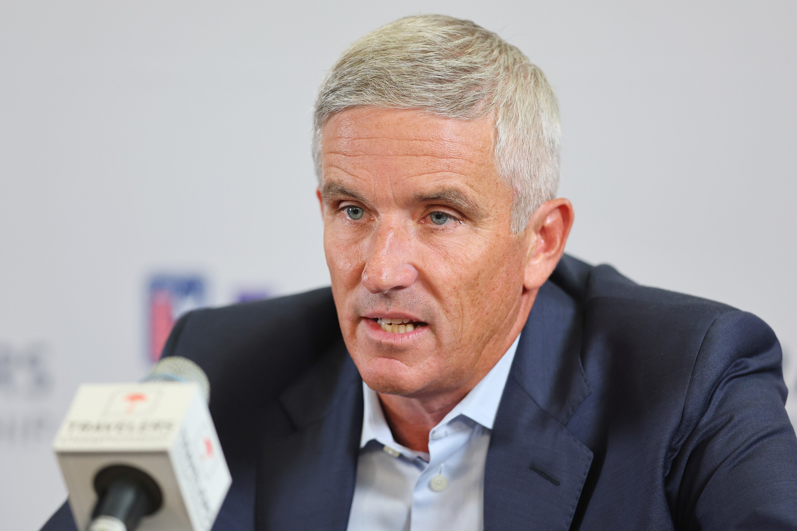 CROMWELL, CONNECTICUT - JUNE 22: PGA Tour Commissioner Jay Monahan addresses the media during a press conference prior to the Travelers Championship at TPC River Highlands on June 22, 2022 in Cromwell, Connecticut. (Photo by Michael Reaves/Getty Images)