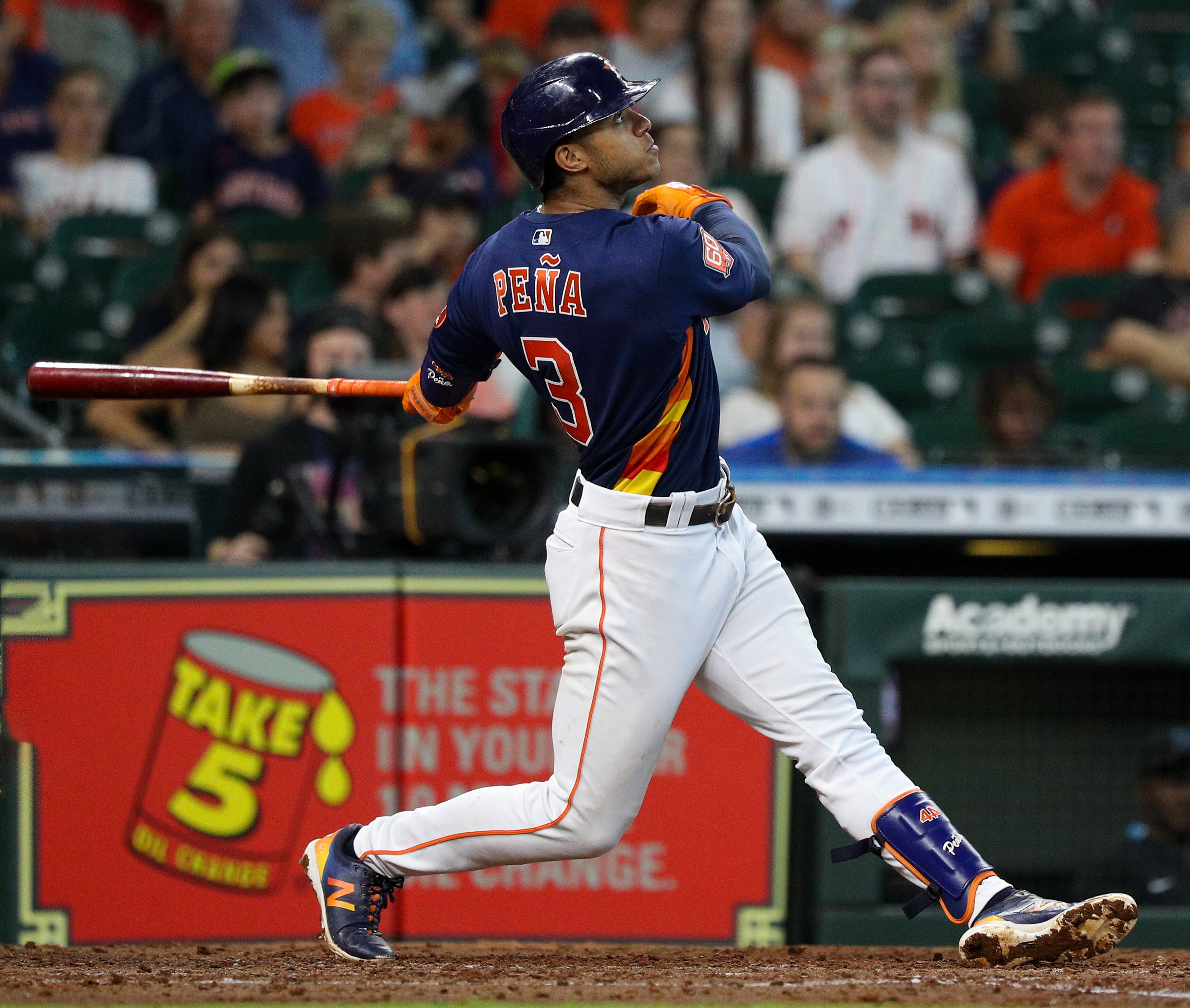 HOUSTON, TEXAS - JUNE 12: Jeremy Pena #3 of the Houston Astros hits a home run Miami Marlins at Minute Maid Park on June 12, 2022 in Houston, Texas. (Photo by Bob Levey/Getty Images)
