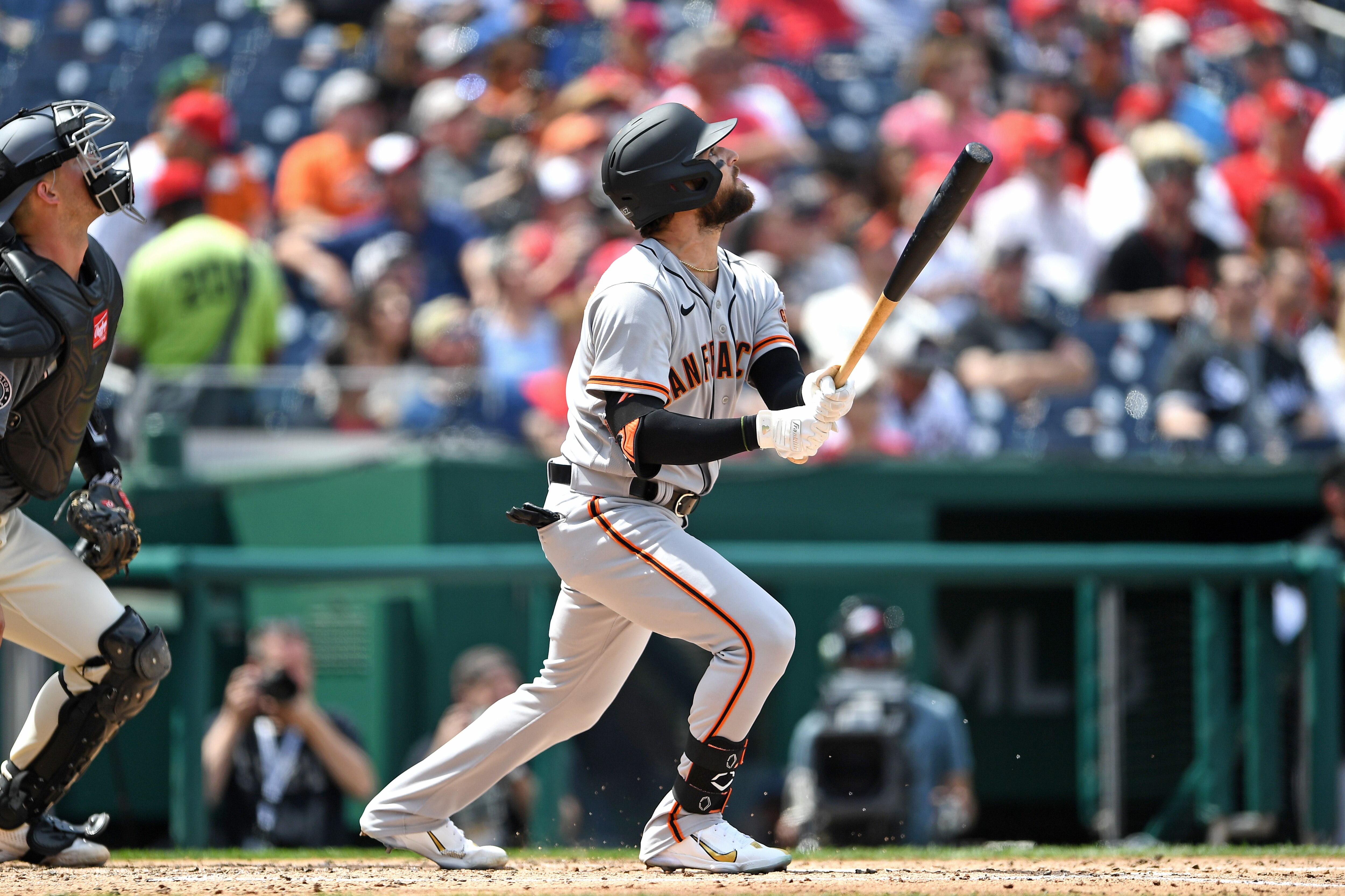 WASHINGTON, DC - APRIL 23, 2022: Luis González #51 of the San Francisco Giants bats during the fifth inning against the Washington Nationals at Nationals Park on April 23, 2022 in Washington, DC. (Photo by Chris Bernacchi/Diamond Images via Getty Images)