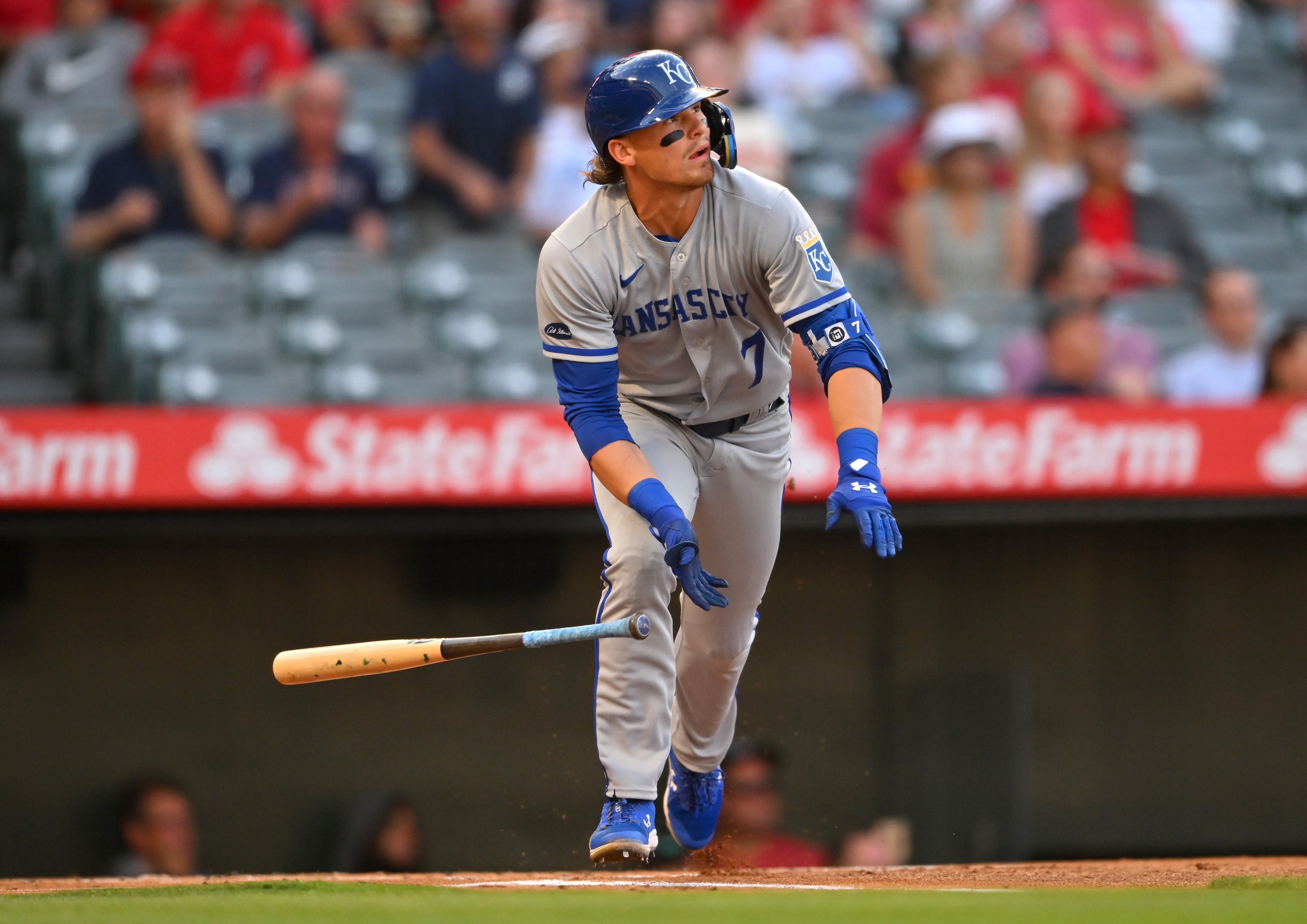 ANAHEIM, CA - JUNE 21:  Bobby Witt Jr. #7 of the Kansas City Royals watches as the ball clears the wall for a solo home run in the first inning of the game against the Los Angeles Angels at Angel Stadium of Anaheim on June 21, 2022 in Anaheim, California. (Photo by Jayne Kamin-Oncea/Getty Images)