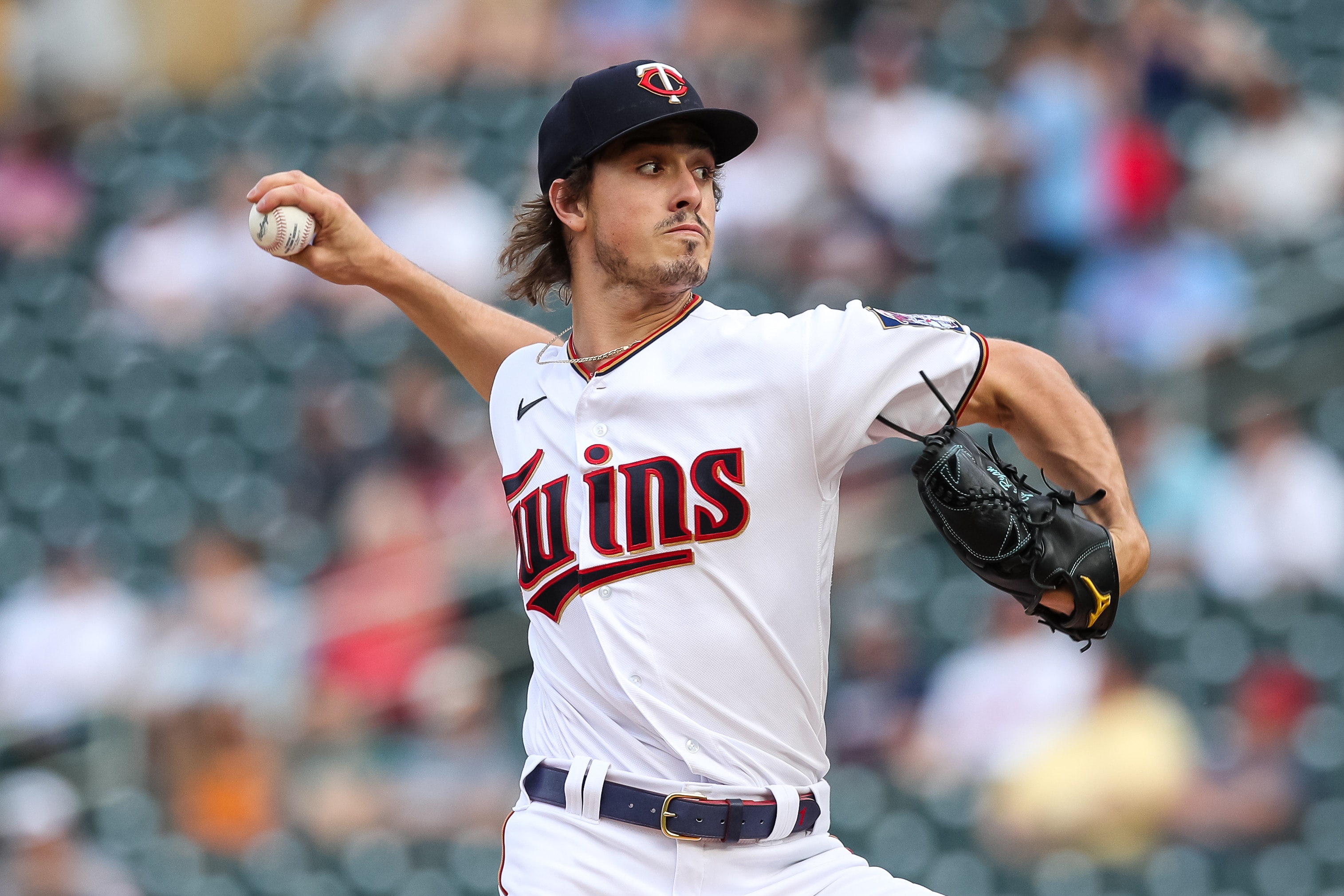 MINNEAPOLIS, MN - JUNE 21: Joe Ryan #41 of the Minnesota Twins delivers a pitch against the Cleveland Guardians in the first inning at Target Field on June 21, 2022 in Minneapolis, Minnesota. (Photo by David Berding/Getty Images)