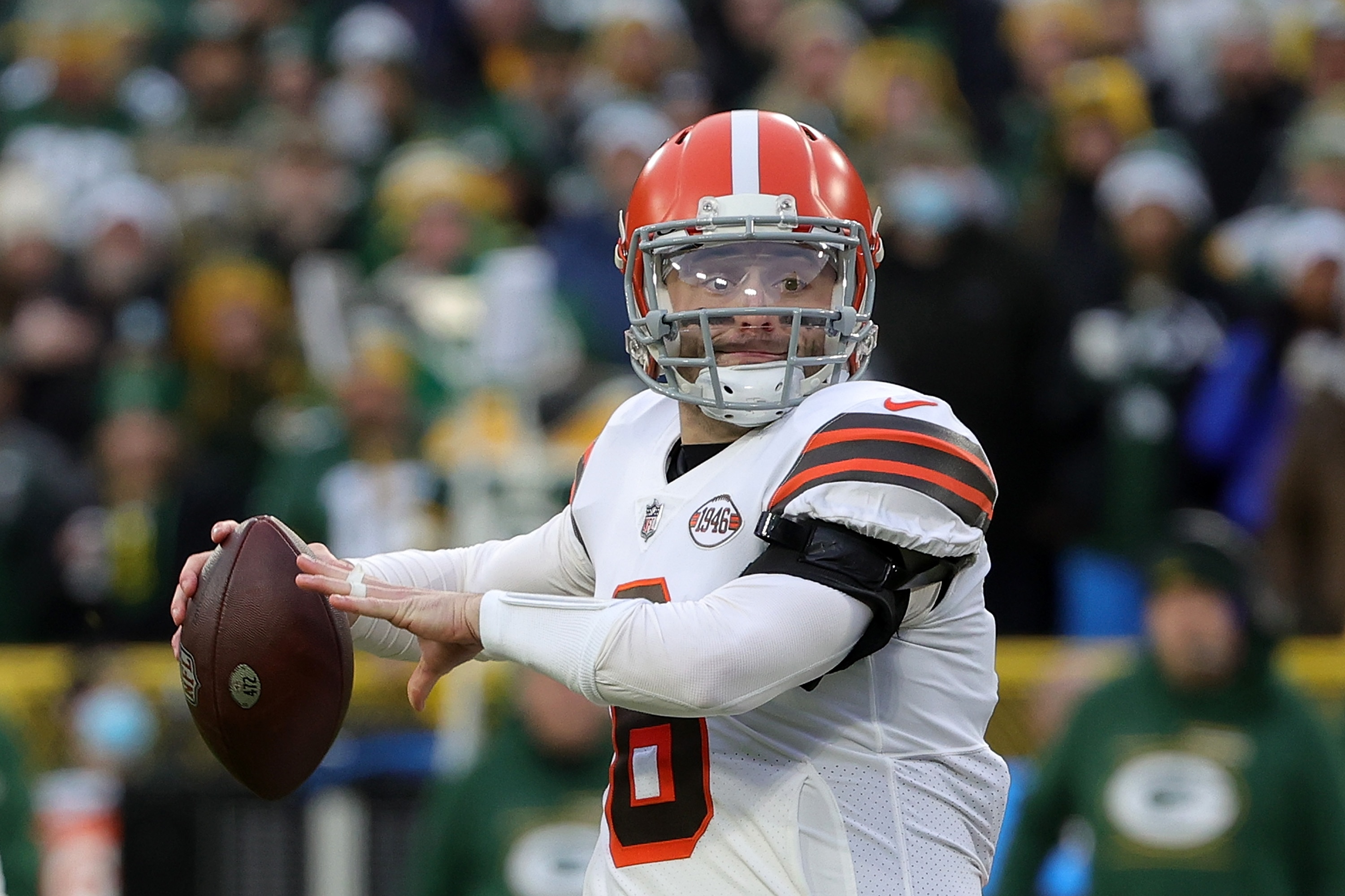 GREEN BAY, WISCONSIN - DECEMBER 25: Baker Mayfield #6 of the Cleveland Browns looks to pass during a game against the Green Bay Packers at Lambeau Field on December 25, 2021 in Green Bay, Wisconsin.  The Packers defeated the Browns 24-22. (Photo by Stacy Revere/Getty Images)