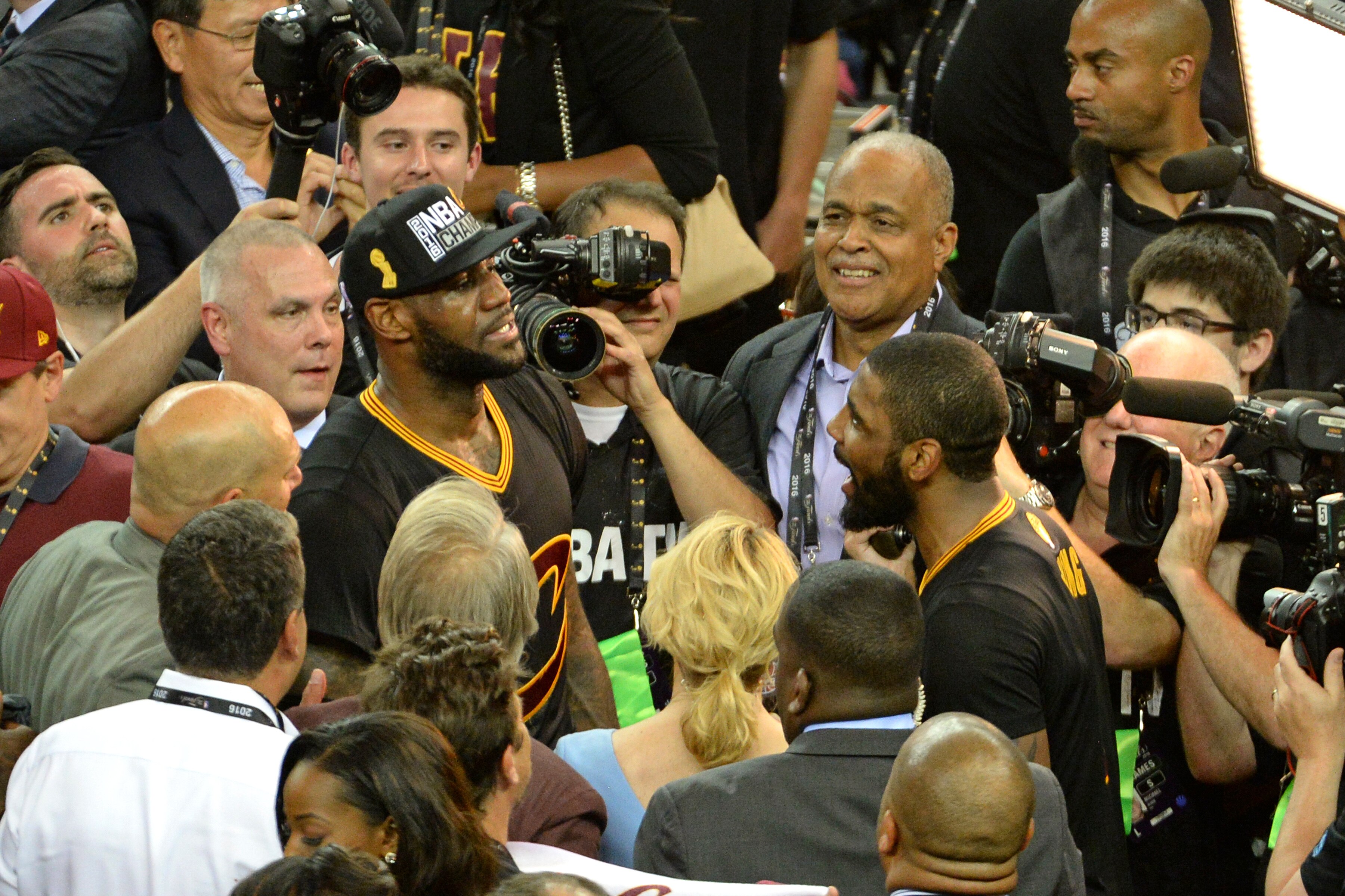 OAKLAND, CA - JUNE 19:  LeBron James #23 of the Cleveland Cavaliers and Kyrie Irving #2 of the Cleveland Cavaliers celebrate after winning Game Seven of the 2016 NBA Finals against the Golden State Warriors on June 19, 2016 at ORACLE Arena in Oakland, California. NOTE TO USER: User expressly acknowledges and agrees that, by downloading and or using this photograph, user is consenting to the terms and conditions of Getty Images License Agreement. Mandatory Copyright Notice: Copyright 2016 NBAE (Photo by Garrett Ellwood/NBAE via Getty Images)