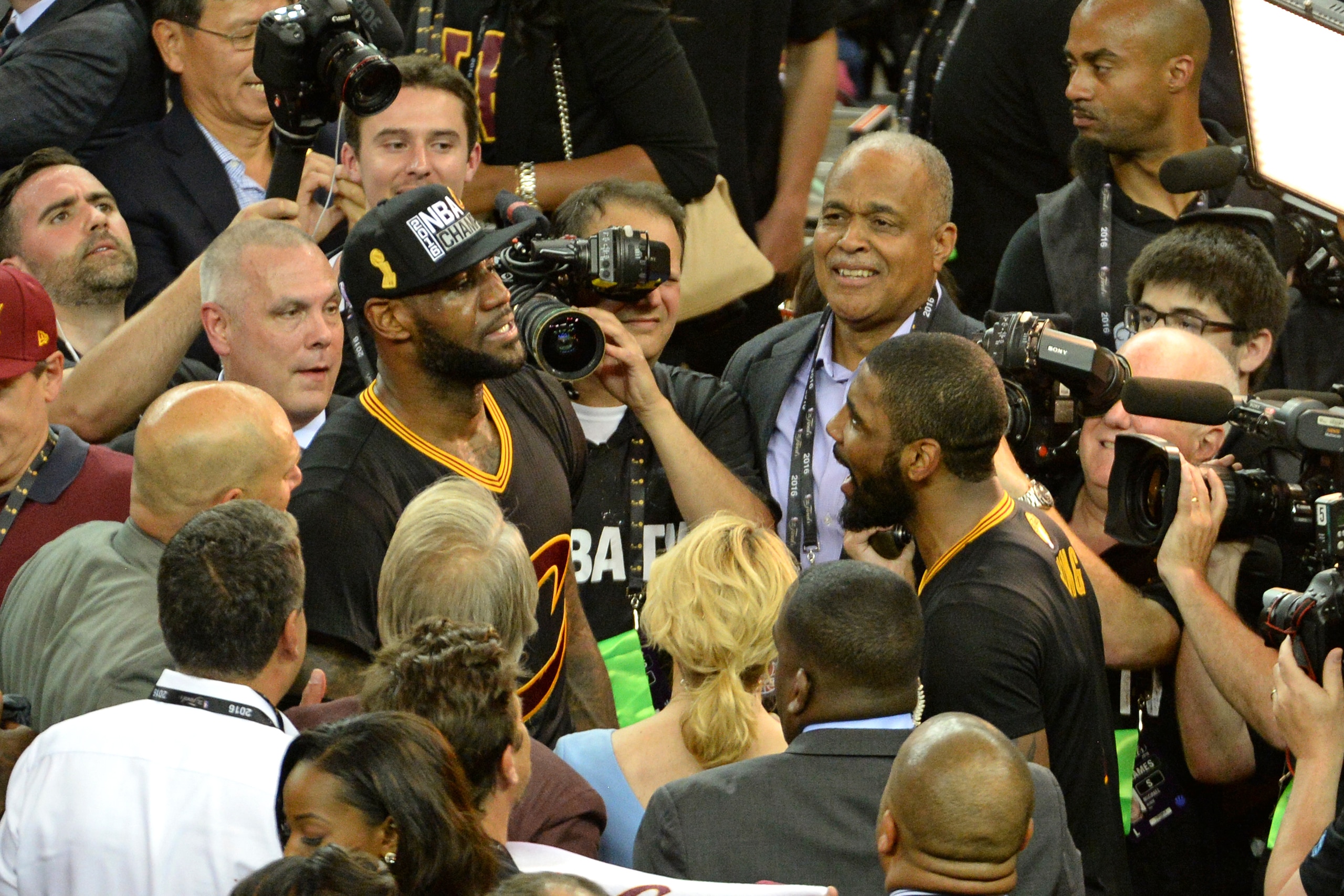 OAKLAND, CA - JUNE 19:  LeBron James #23 of the Cleveland Cavaliers and Kyrie Irving #2 of the Cleveland Cavaliers celebrate after winning Game Seven of the 2016 NBA Finals against the Golden State Warriors on June 19, 2016 at ORACLE Arena in Oakland, California. NOTE TO USER: User expressly acknowledges and agrees that, by downloading and or using this photograph, user is consenting to the terms and conditions of Getty Images License Agreement. Mandatory Copyright Notice: Copyright 2016 NBAE (Photo by Garrett Ellwood/NBAE via Getty Images)